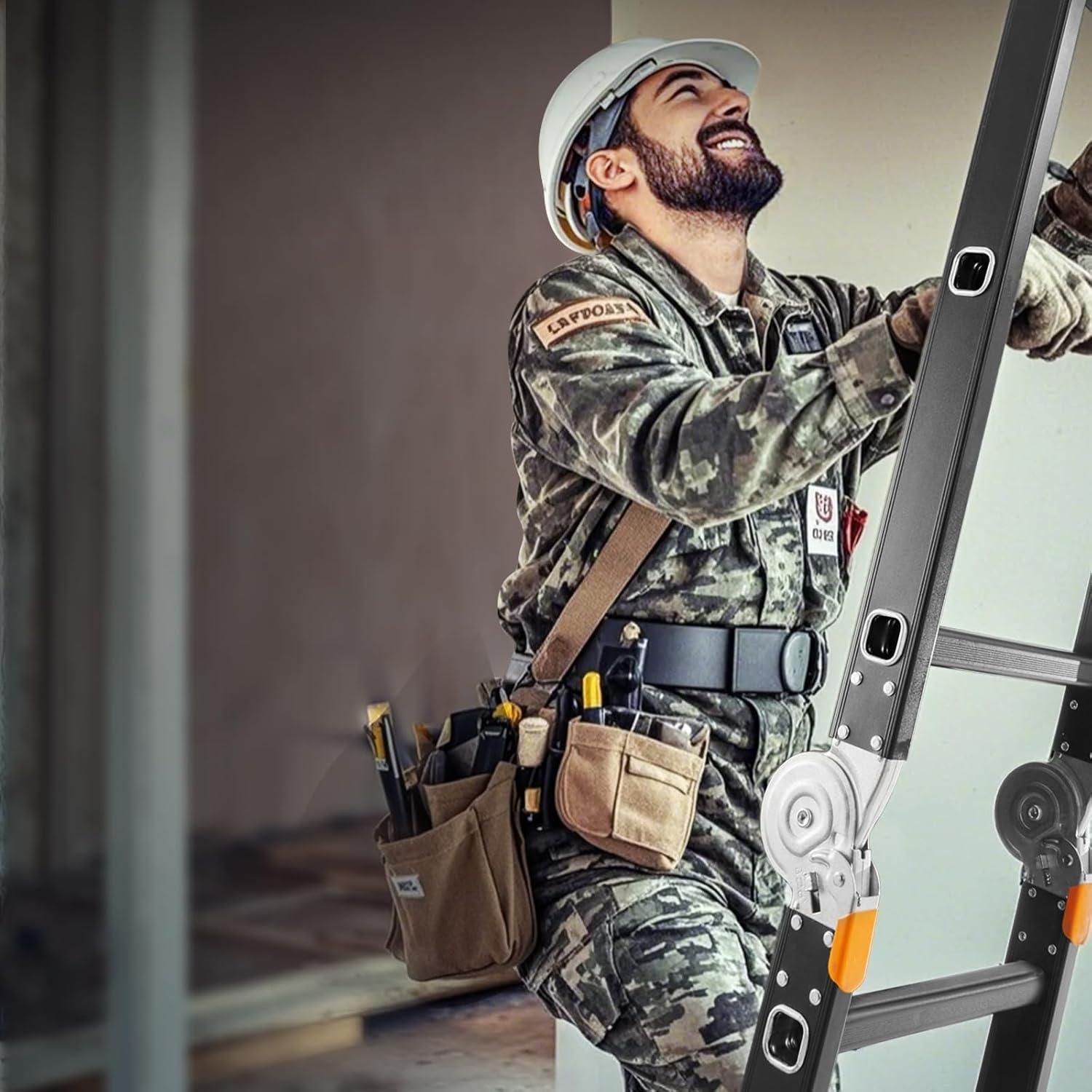 VEVOR Escalera Plegable Multiusos, Escalera de Extensión 7 en 1 de Altura, un Marco de 4 Escalones con Escalera Telescópica con Tablón de Andamio, Altura de Alcance de 15,5 Pies para Trabajo Pesado, Capacidad de 330 Libras para el Hogar Al Aire Libre