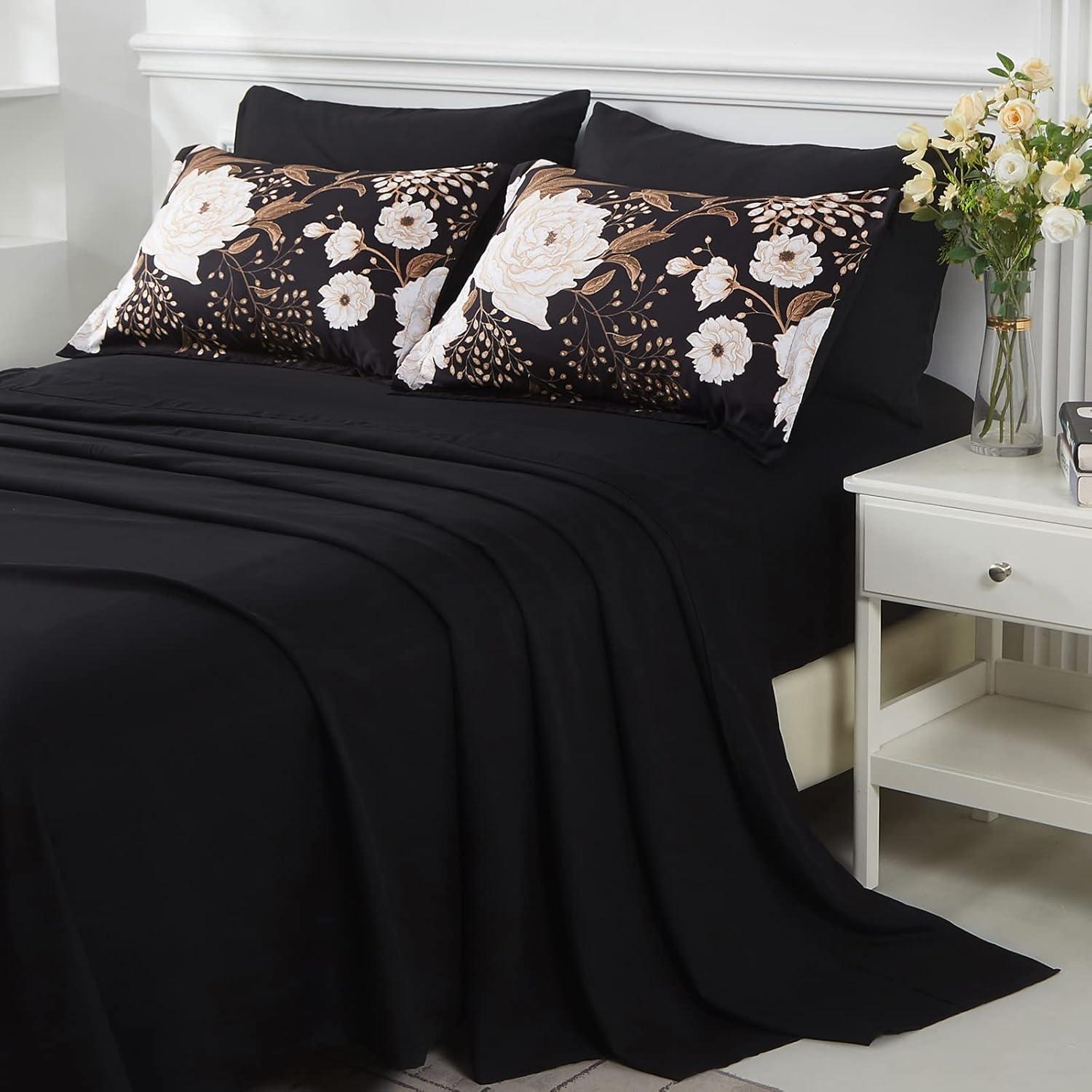 DANTUL 7 Piece Bed In A Bag Queen Comforter Set Botanical Floral Bedding Set,White Flowers Leaves Printed On Black Reversible Design,Soft Microfiber Comforter With Sheet Set,All Season