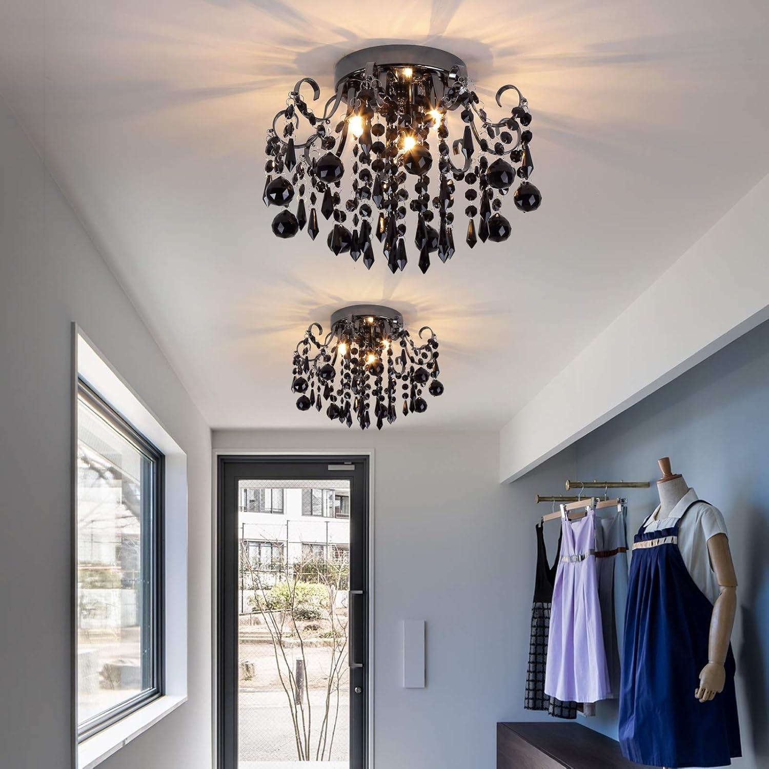 Q&S Small Crystal Chandelier Flush Mount Ceiling Light 3 Lights Modern Chrome Iron Raindrop Crystal Ceiling Fixture for Bedroom Hallway Closet Entryway Stairs