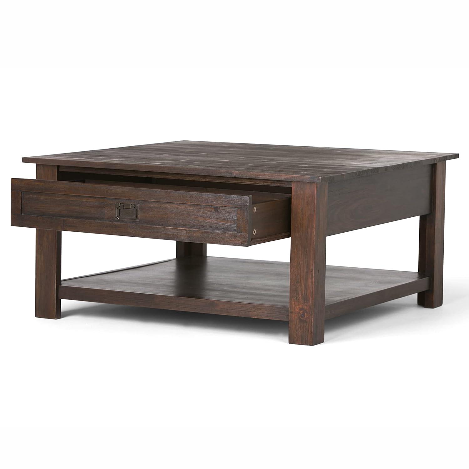 Simpli Home Monroe SOLID ACACIA WOOD 38 inch Wide Square Rustic Coffee Table in Distressed Charcoal Brown