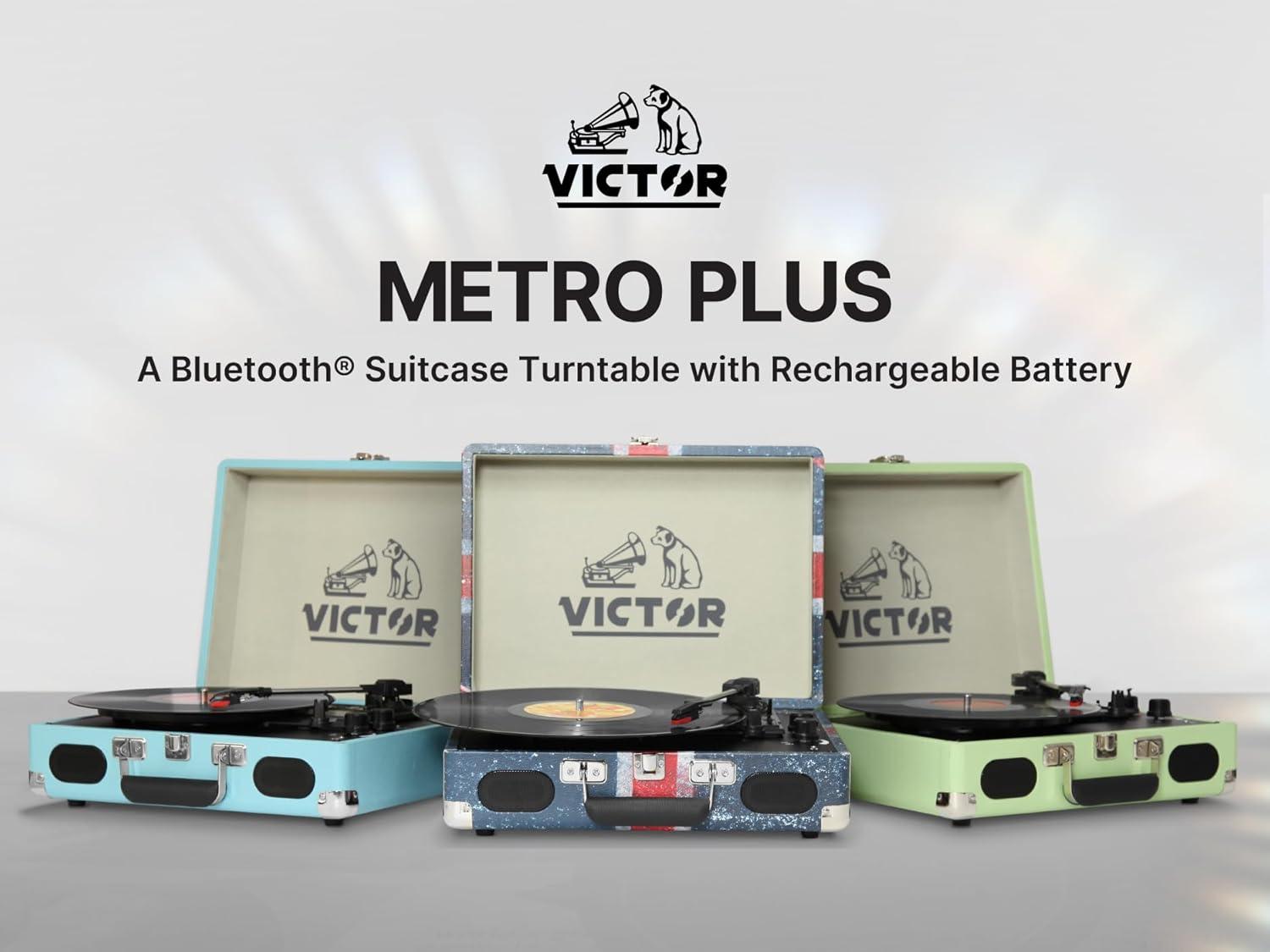 Victor Metro Plus Battery-Powered Bluetooth Suitcase Turntable | 3-Speed Vinyl Record Player with Built-in Stereo Speakers, Rechargeable Battery, RCA Output, Aux Input, and 45 RPM Adaptor, VSRP-850B
