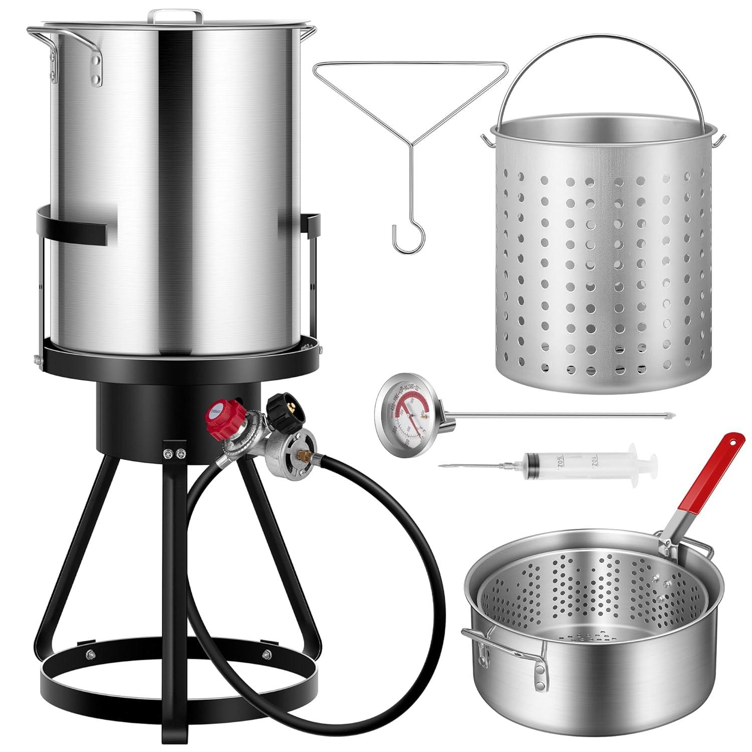 Outvita 30 Qt Turkey Deep Fryer & 10QT Fish Fryer Kit w/Baskets,Aluminum Fish & Seafood Boiler Steamer with 54,000 BTU Propane Gas Burner Stand Injector Thermometer Hose, Ideal for Outdoor Fry