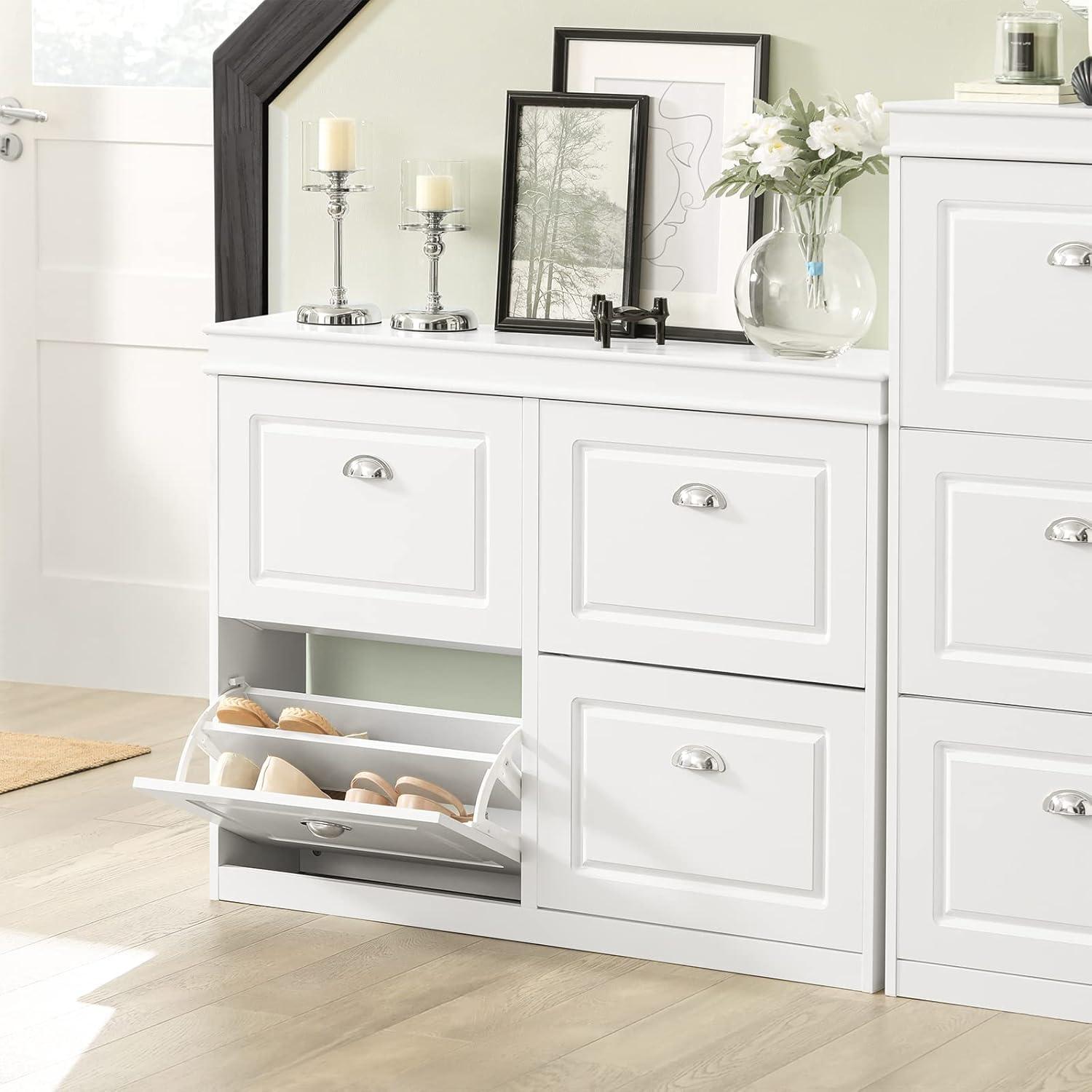 SoBuy White Shoe Cabinet with 4 Flip Drawers, Large Freestanding Shoe Rack, Modern Shoe Organizer for Entryway, Hallway, Entance FSR79-W