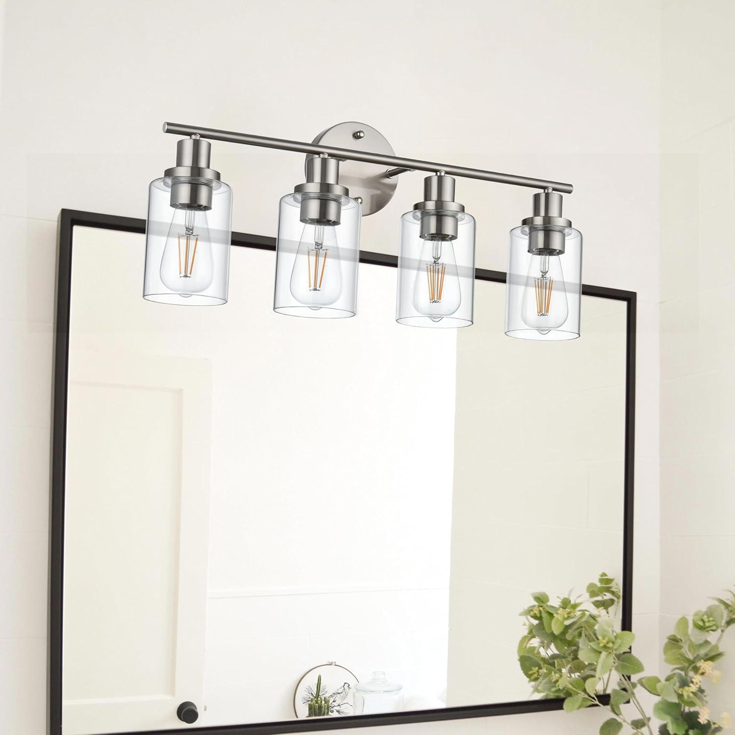 Brushed Nickel 4-Light Bathroom Vanity Fixture with Clear Glass Shades