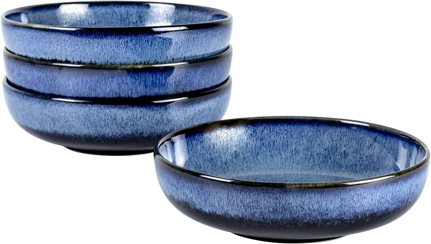 Blue Ceramic 26 oz Reactive Glaze Salad and Pasta Bowls Set