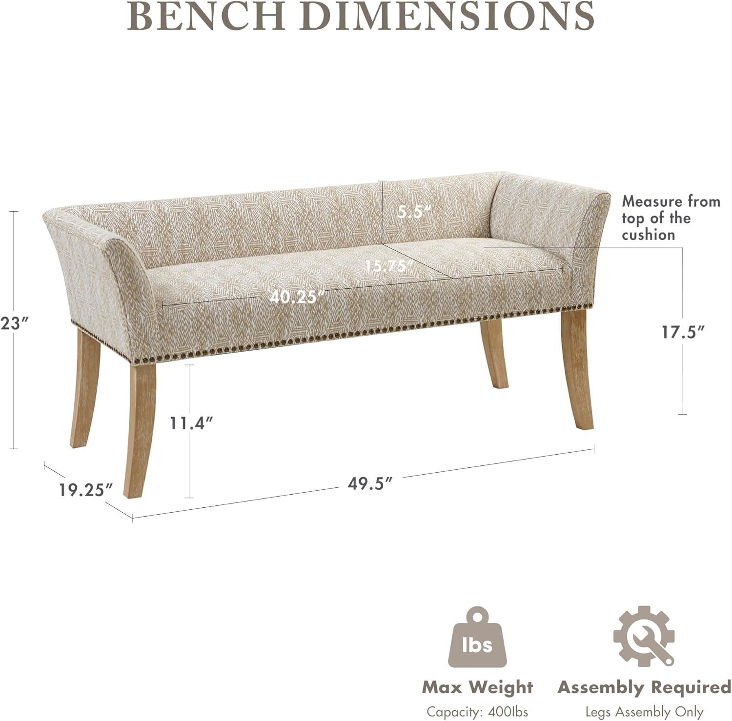 Madera Accent Bench Taupe: Madison Park, Rectangle, Nailhead Trim, Polyester Upholstery, Wood Legs