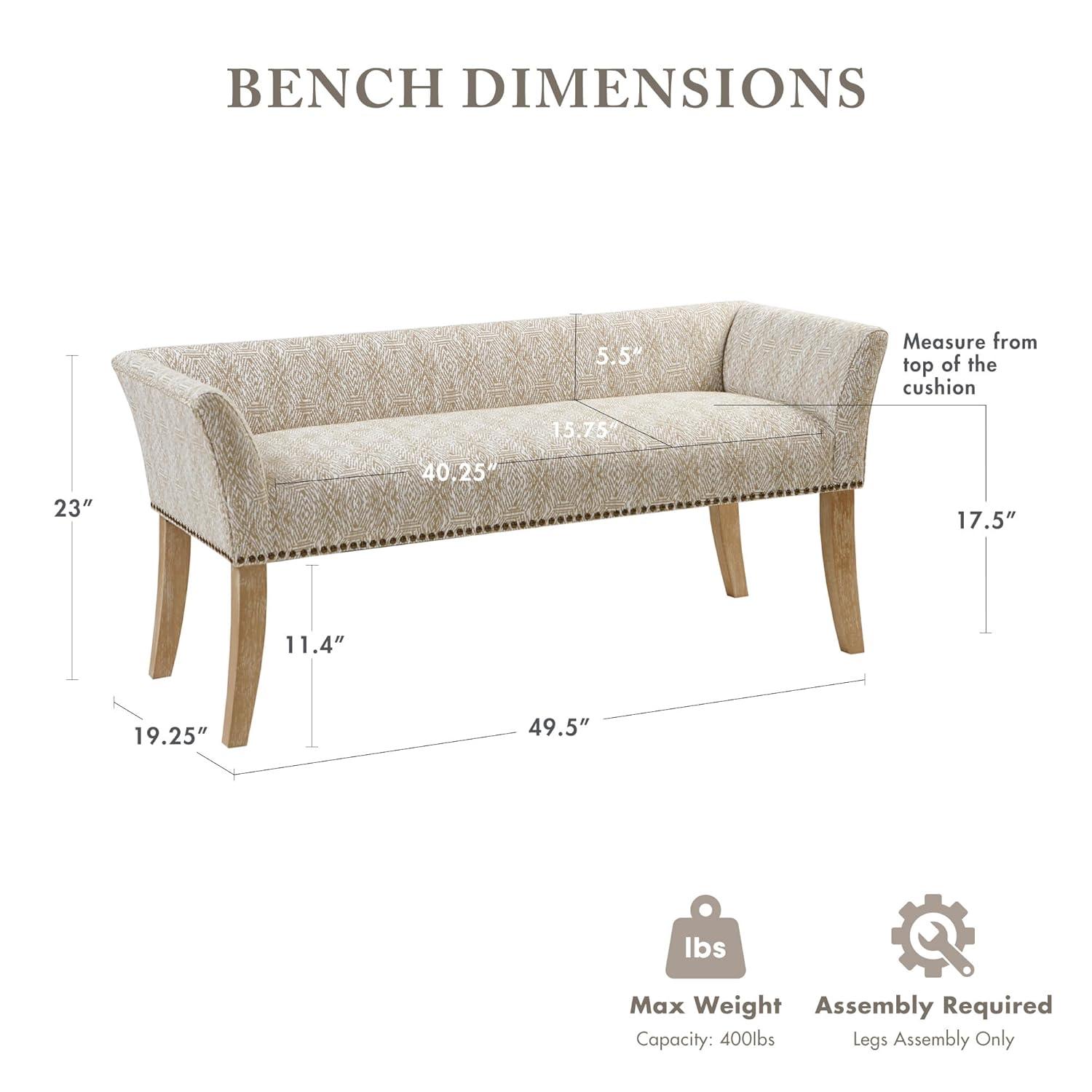 Madera Accent Bench Taupe: Madison Park, Rectangle, Nailhead Trim, Polyester Upholstery, Wood Legs