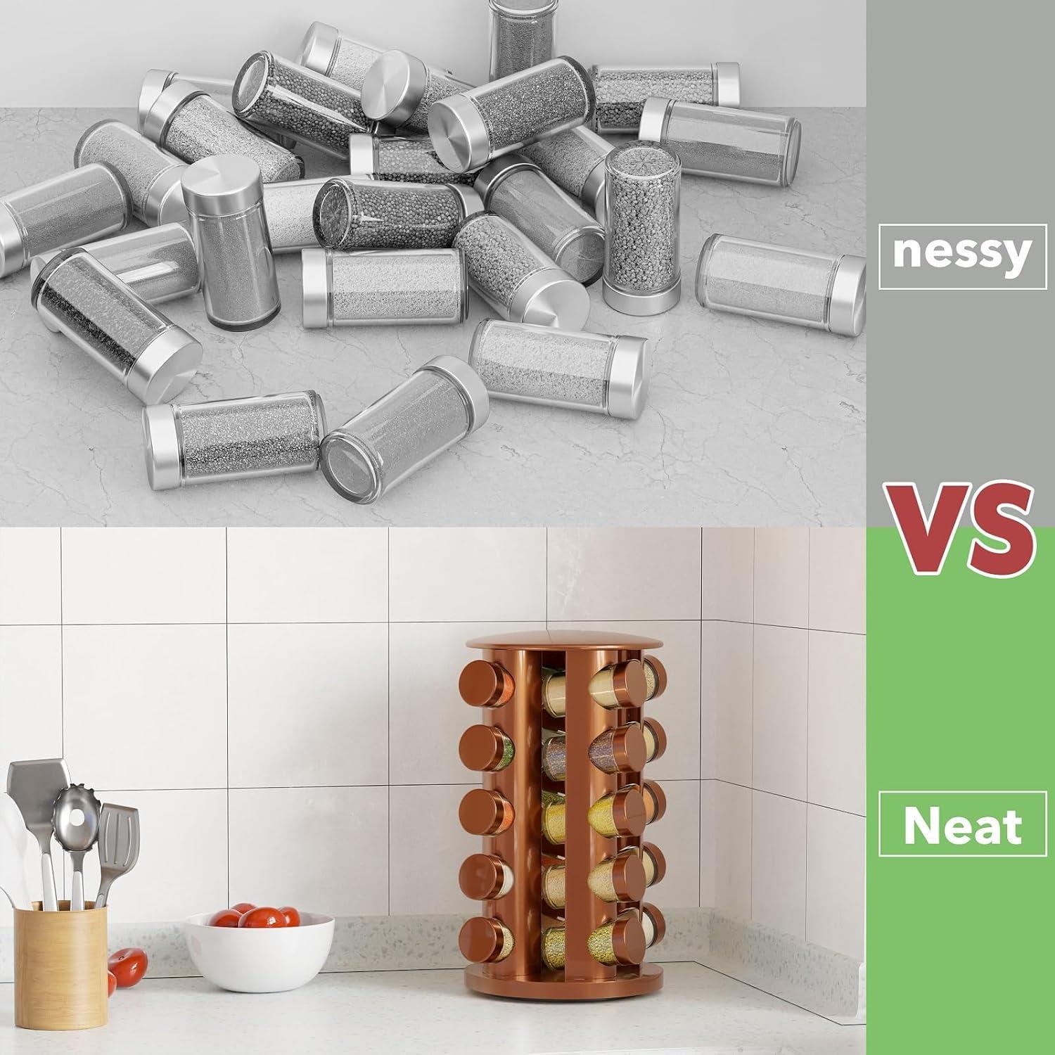 New England Stories Revolving Spice Rack Set with 20 Spice Jars - Kitchen Spice Tower Organizer for Countertop or Cabinet, Includes 386 Spice Labels, Rotating Desktop Seasoning Organizer