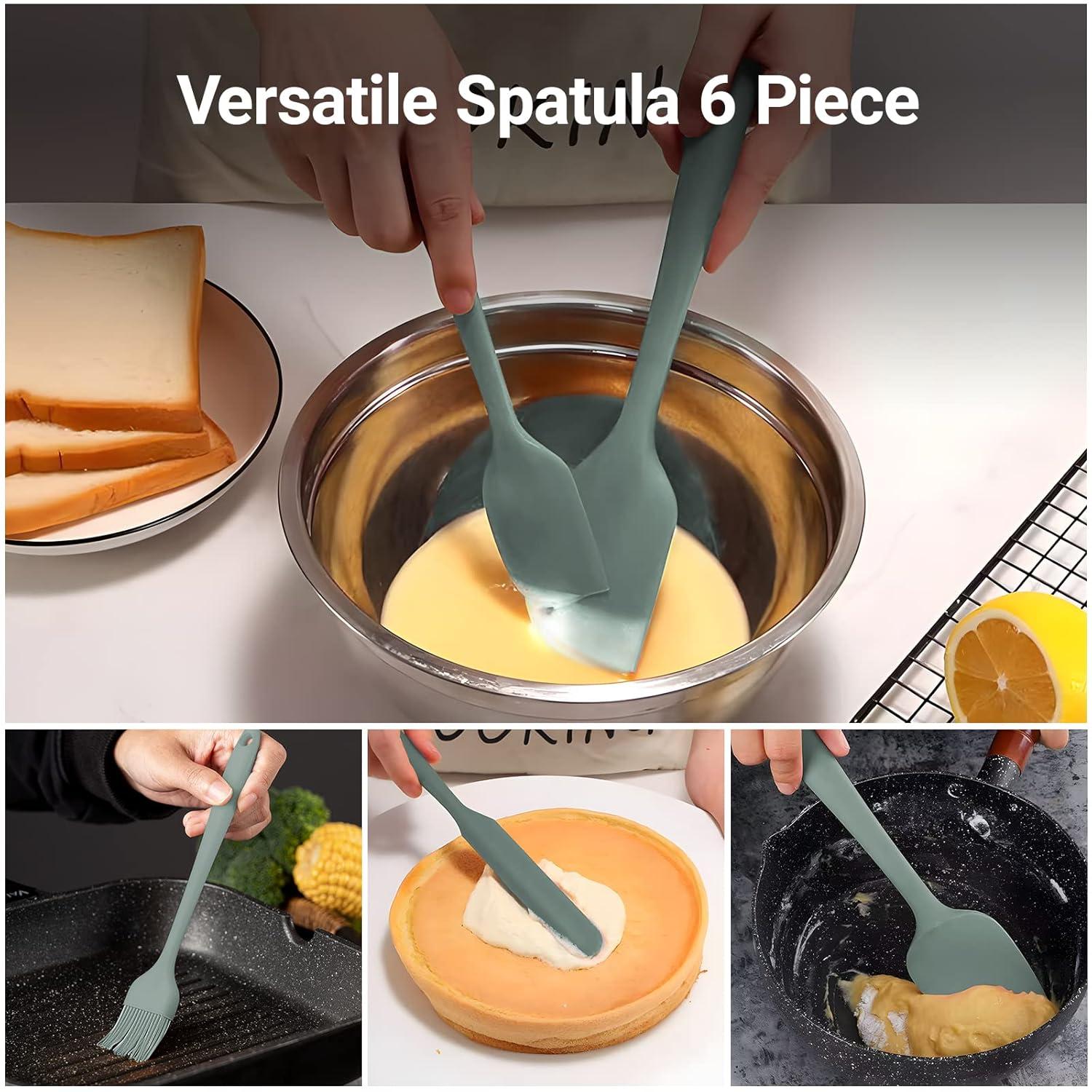 JLiup Silicone Spatula Set of 6, Rubber Spatulas Silicone Food Grade, Kitchen Utensils Set Heat Resistant Nonstick Easy to Clean Dishwasher Safe for Baking,Cooking,Mixing (Green) C49