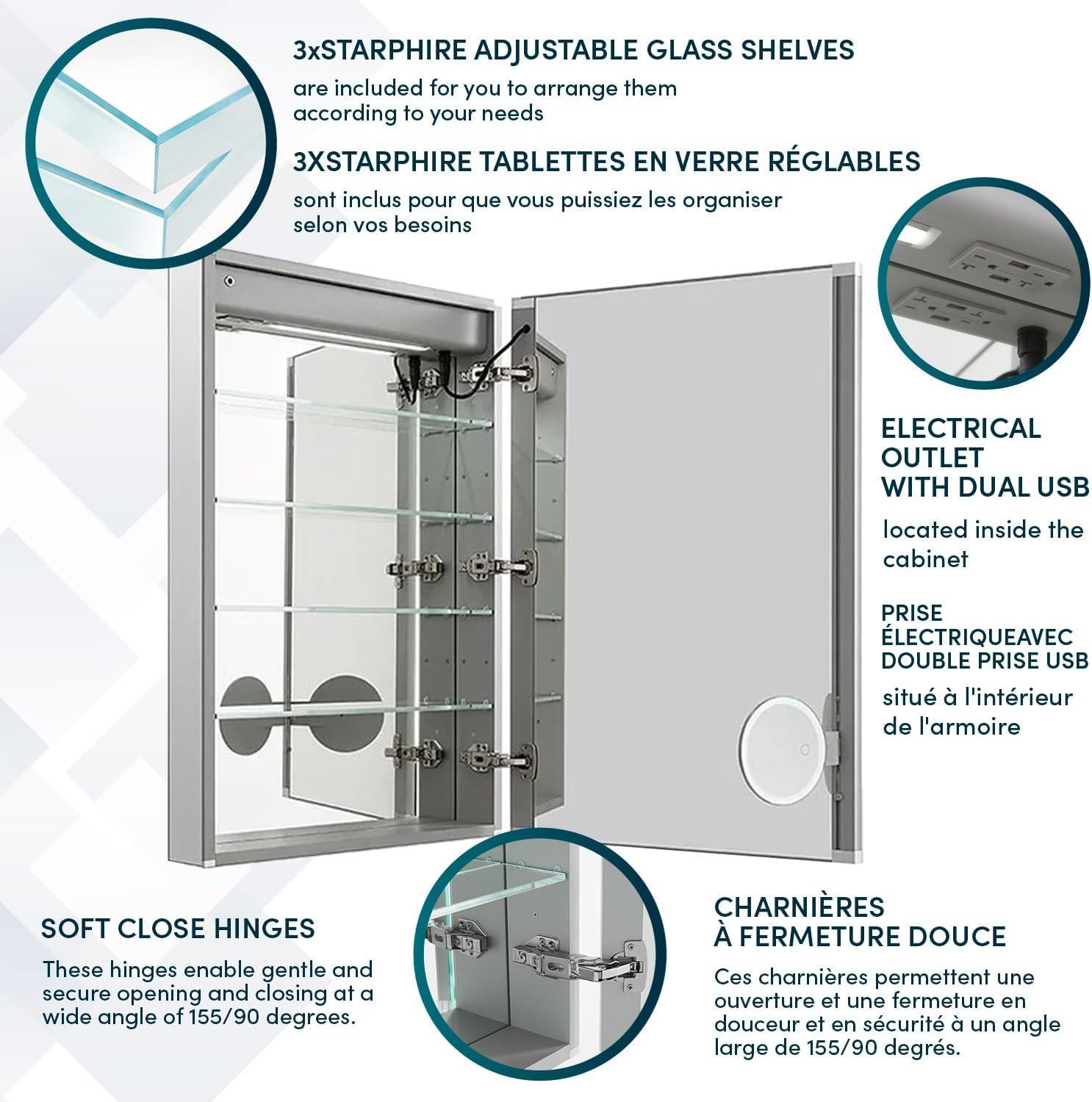 AQUADOM Signature Royale LED Medicine Cabinet, Defogger, LED 3X Makeup Mirror, Electrical Outlets