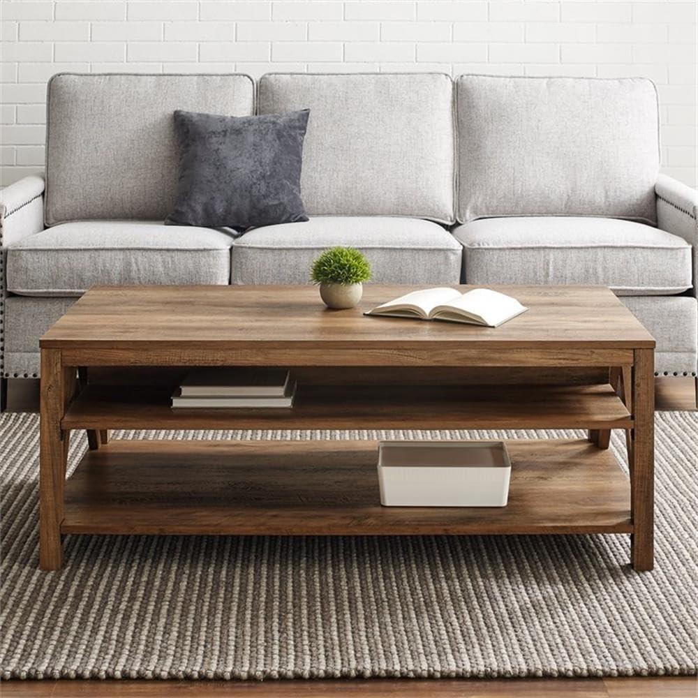 Walker Edison Modern Farmhouse A-Frame Wood Rectangle Coffee Table Living Room Ottoman Storage Shelf 48 Inch, Rustic Oak