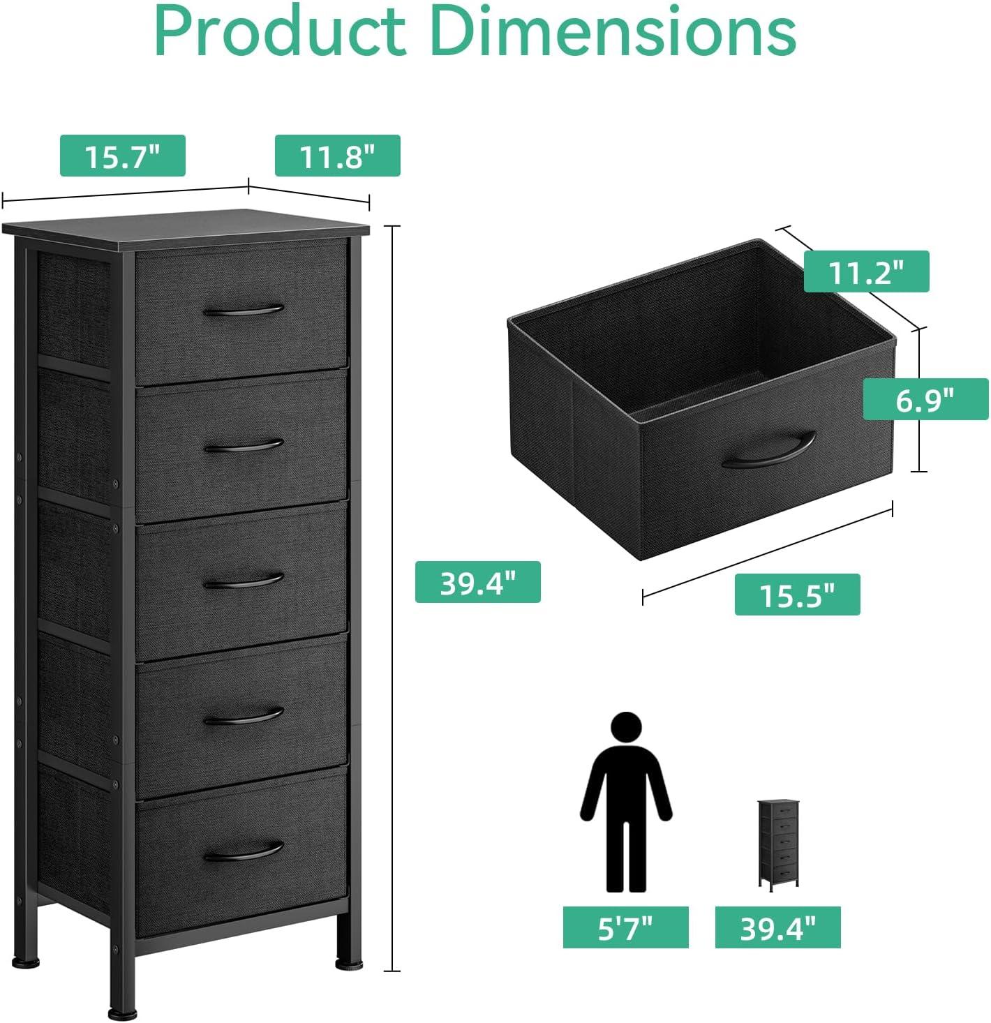 Black Fabric and Steel 5-Drawer Tall Dresser