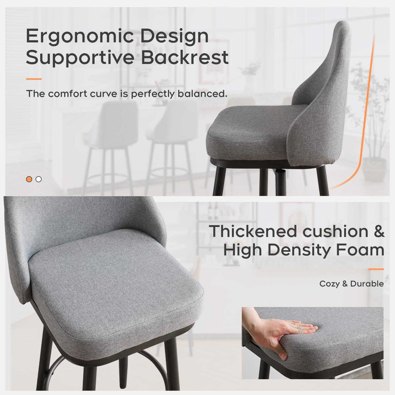 ELIASER Bar Stools Set of 2,Counter Height Barstools Swivel Chair for Kitchen Counter with Back Upholstered Linen Foam Cushion,Metal Leg 29 Inch and 24 Inch Gray