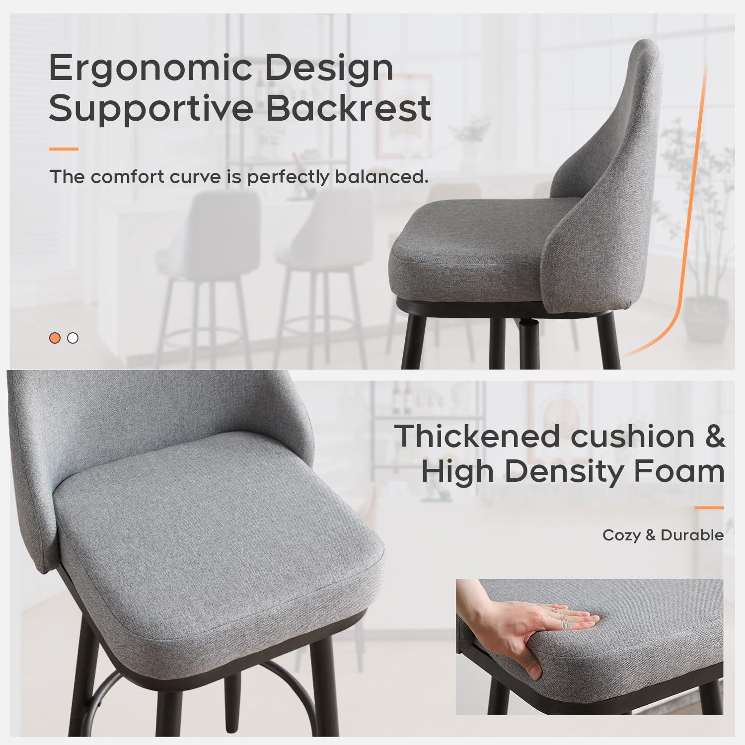 ELIASER Bar Stools Set of 2,Counter Height Barstools Swivel Chair for Kitchen Counter with Back Upholstered Linen Foam Cushion,Metal Leg 29 Inch and 24 Inch Gray