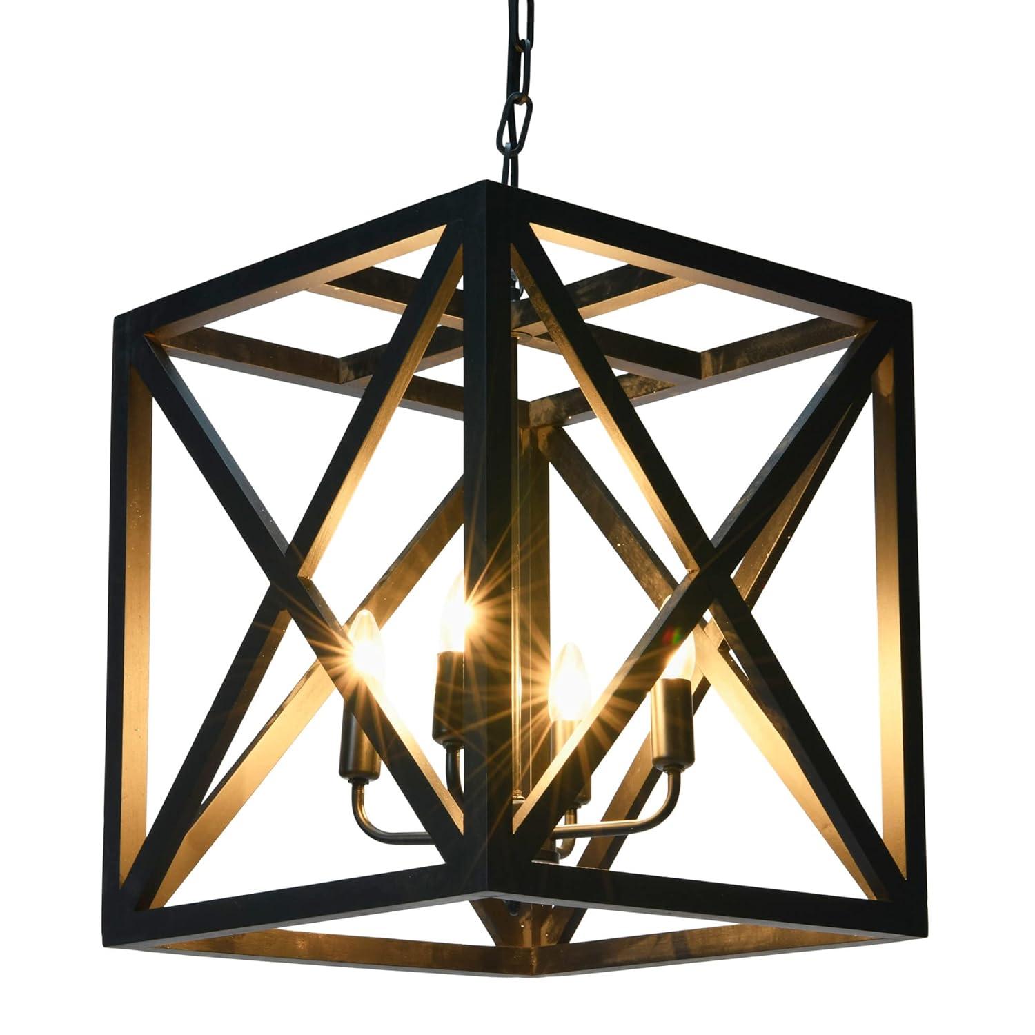Creative Co-Op Geometric Wood and Metal Ceiling Light, Black