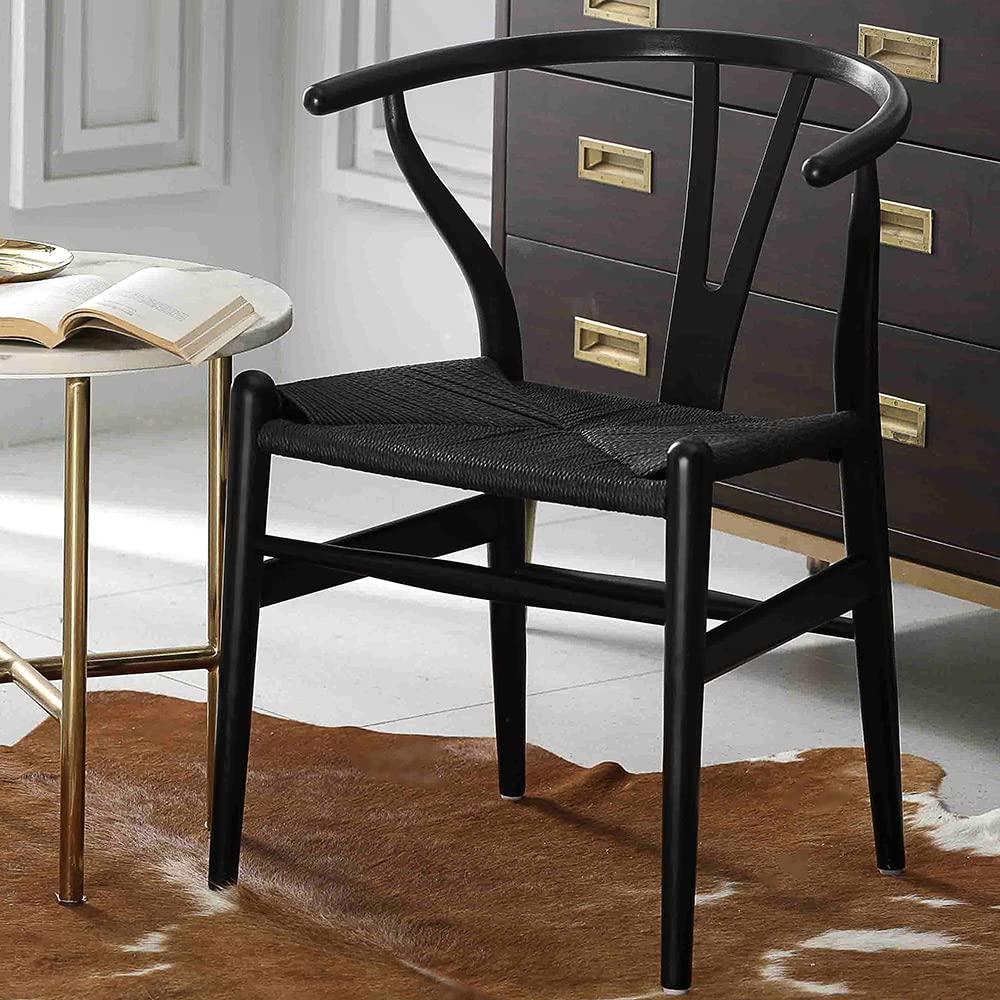 2xhome Set of 2 Wishbone Solid Wood Armchairs with Arms Open Y Back Farmhouse Dining Office Chairs with Woven Black Seat, Black