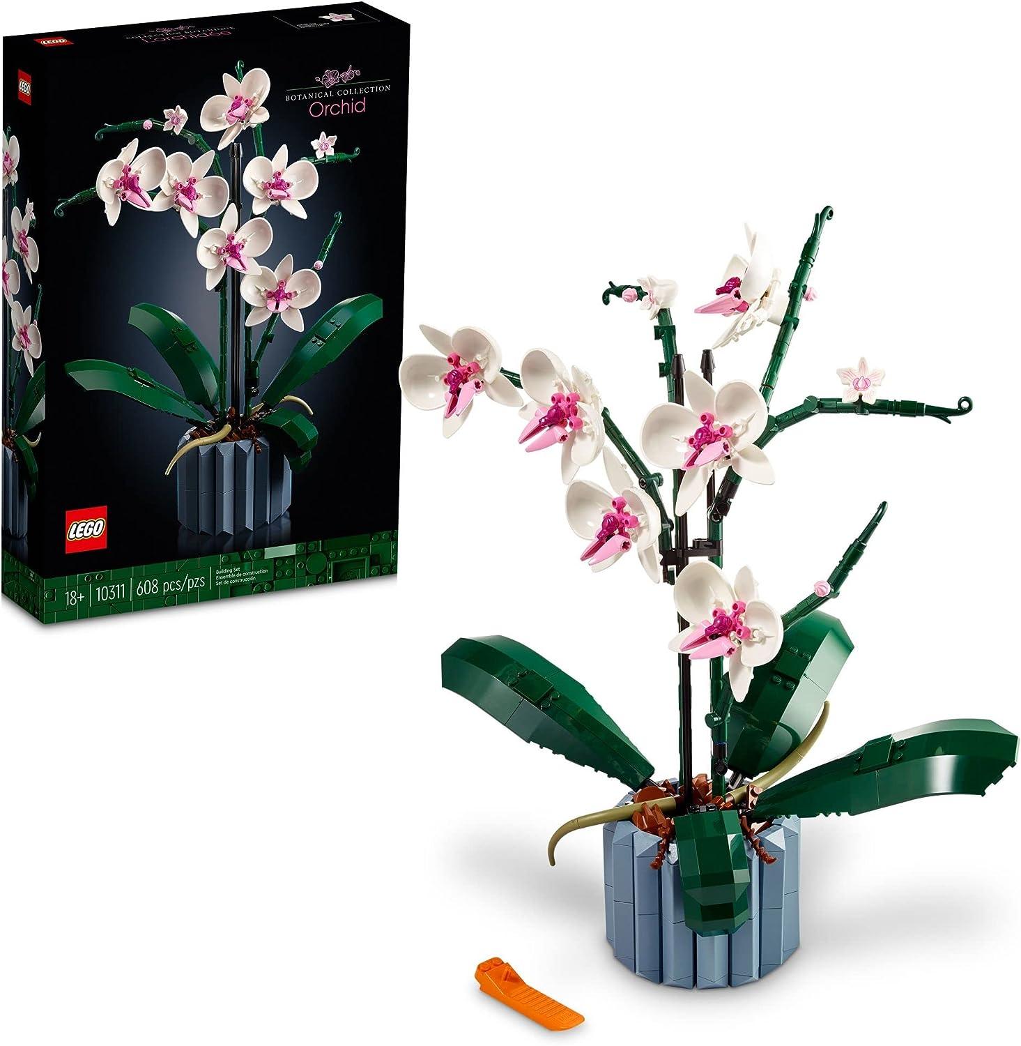 Orchid Artificial Plant Building Set with Flowers, Mother's Day Decoration, Botanical Collection, Great Gift for Birthday Anniversary or Mother's Day, 608 pieces