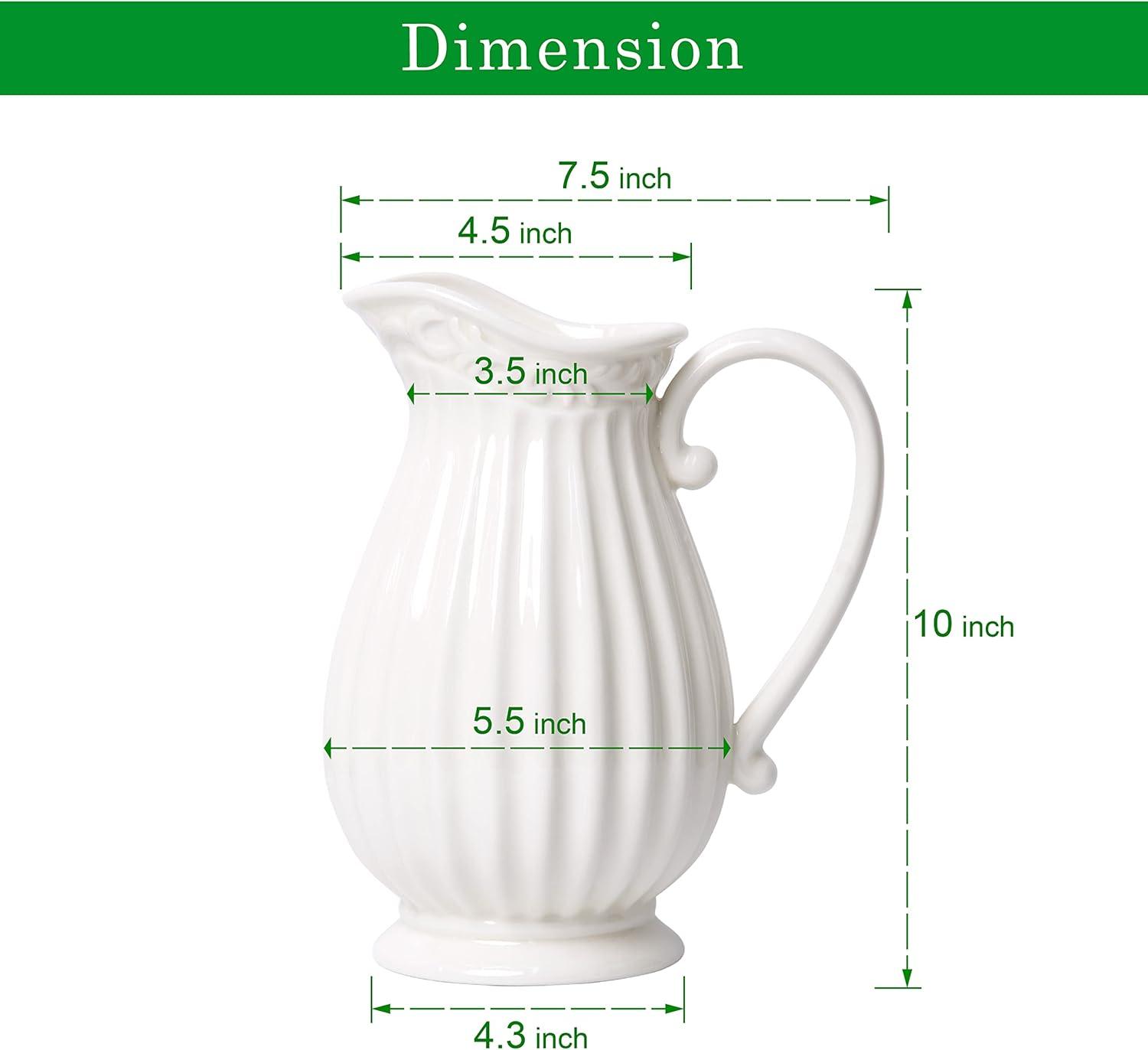 Elegant White Ceramic Round Pitcher Vase, 10 Inch