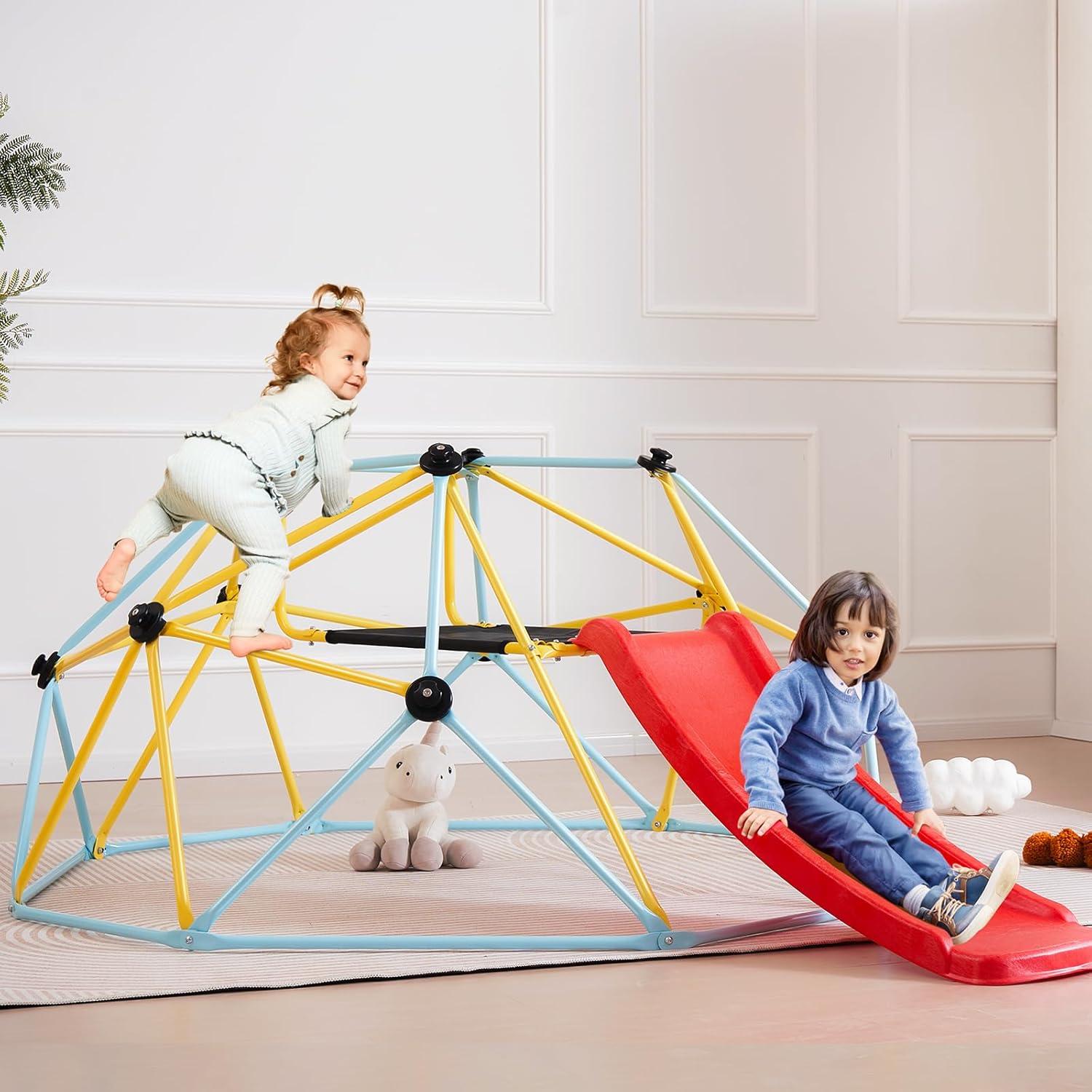 8FT Geometric Dome Climber with Red Slide and Steel Frame