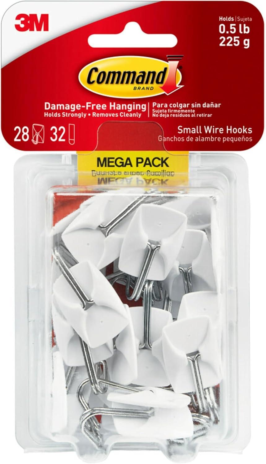 Small White Wire Hooks with Adhesive Strips, 28 Hooks and 32 Strips