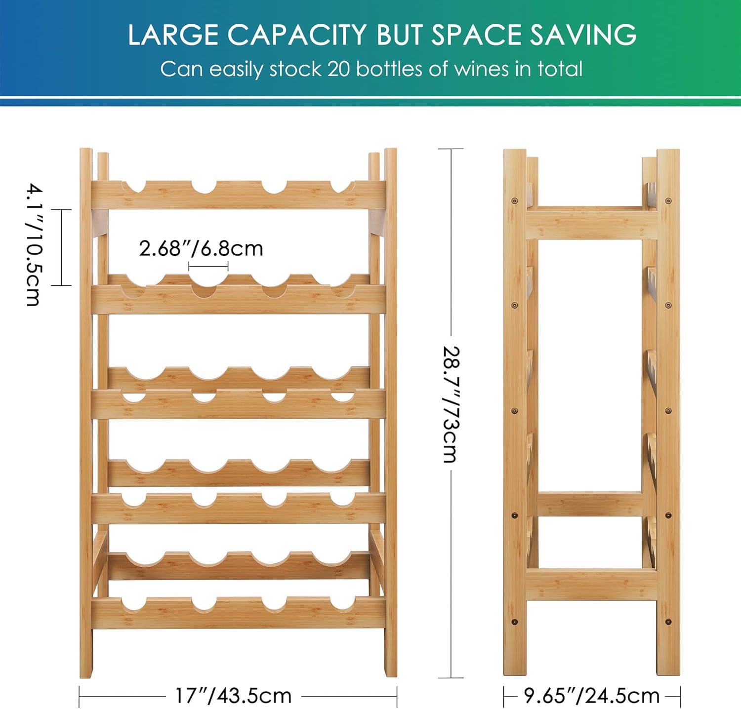 Bamboo Wine Rack, 20 Bottles Display Holder, 5-Tier Free Standing Storage Shelves for Kitchen, Pantry, Cellar, Bar (Natural)