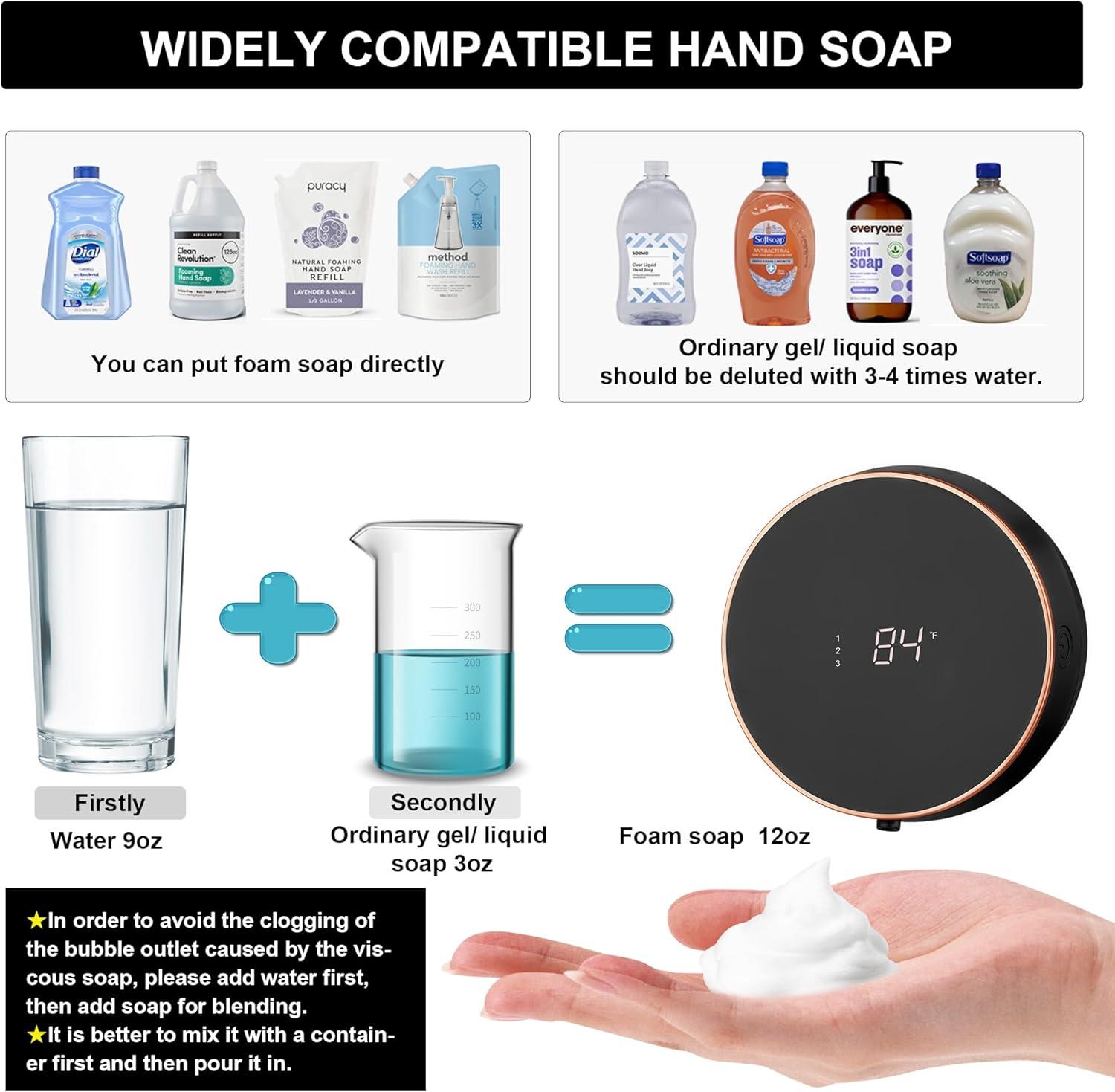Automatic Soap Dispenser Foam Bathroom: Wall Mount Rechargeable Touchless Adjustable Auto Smart Electric Plastic Black Foaming Soap Dispenser with Clock - Kitchen - Hand Dish Lotion Couple Kids