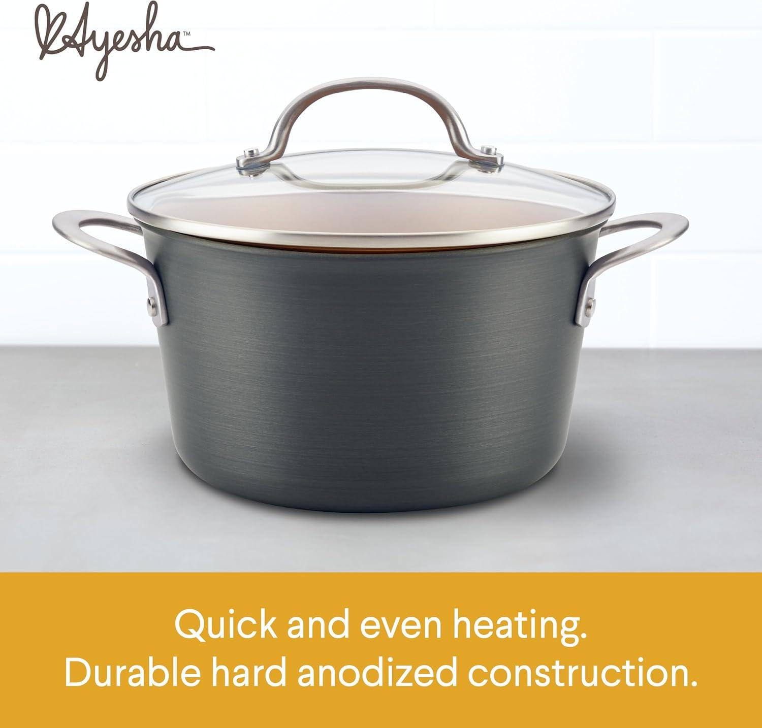 Ayesha Curry Ayesha Curry Home Collection Hard Anodized Nonstick Sauce Pot with Lid, 4.5 Quart, Gray