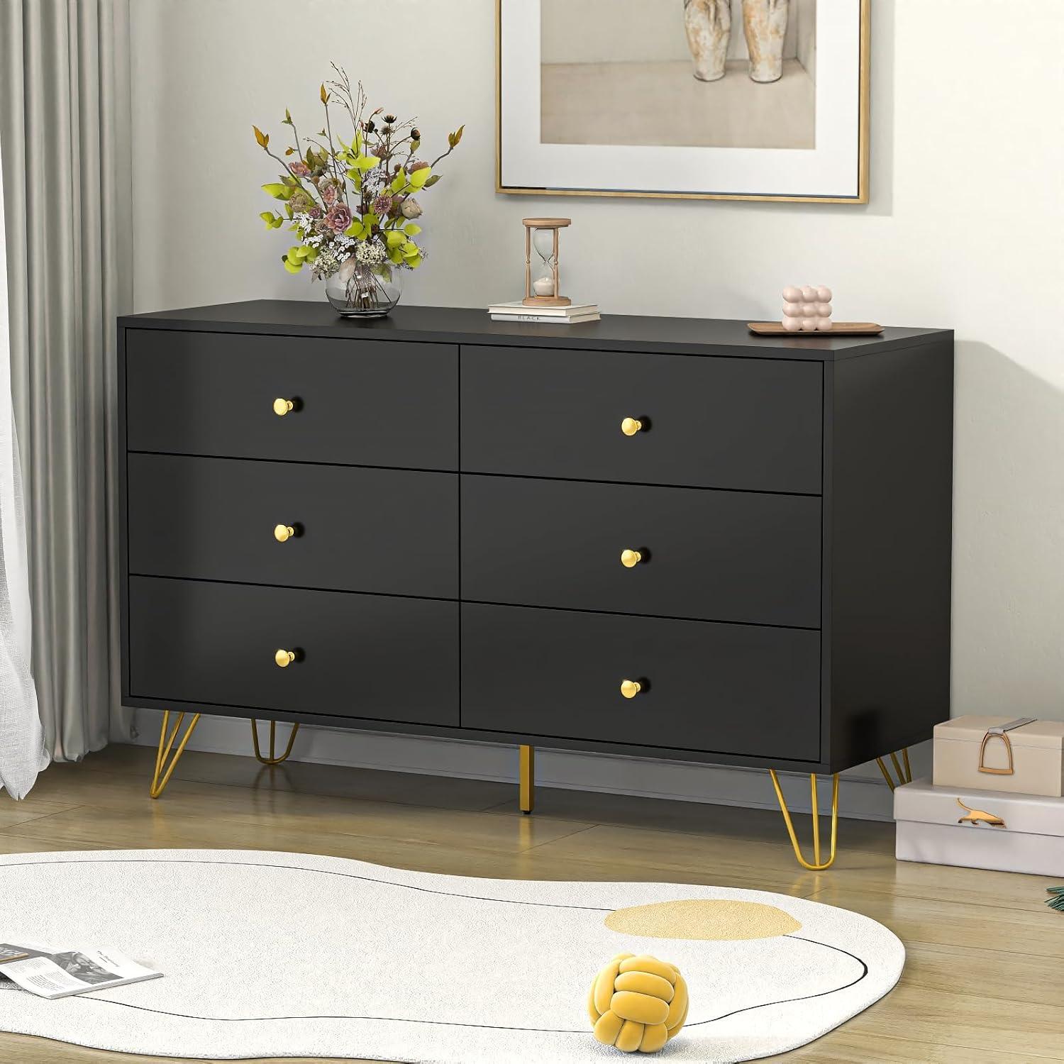 Black Dresser for Bedroom, Modern 6 Drawer Dresser, Wide Chest of Drawers with Gold Handles, Wood Double Dresser Storage Cabinet for Living Room, Bedroom, Hallway