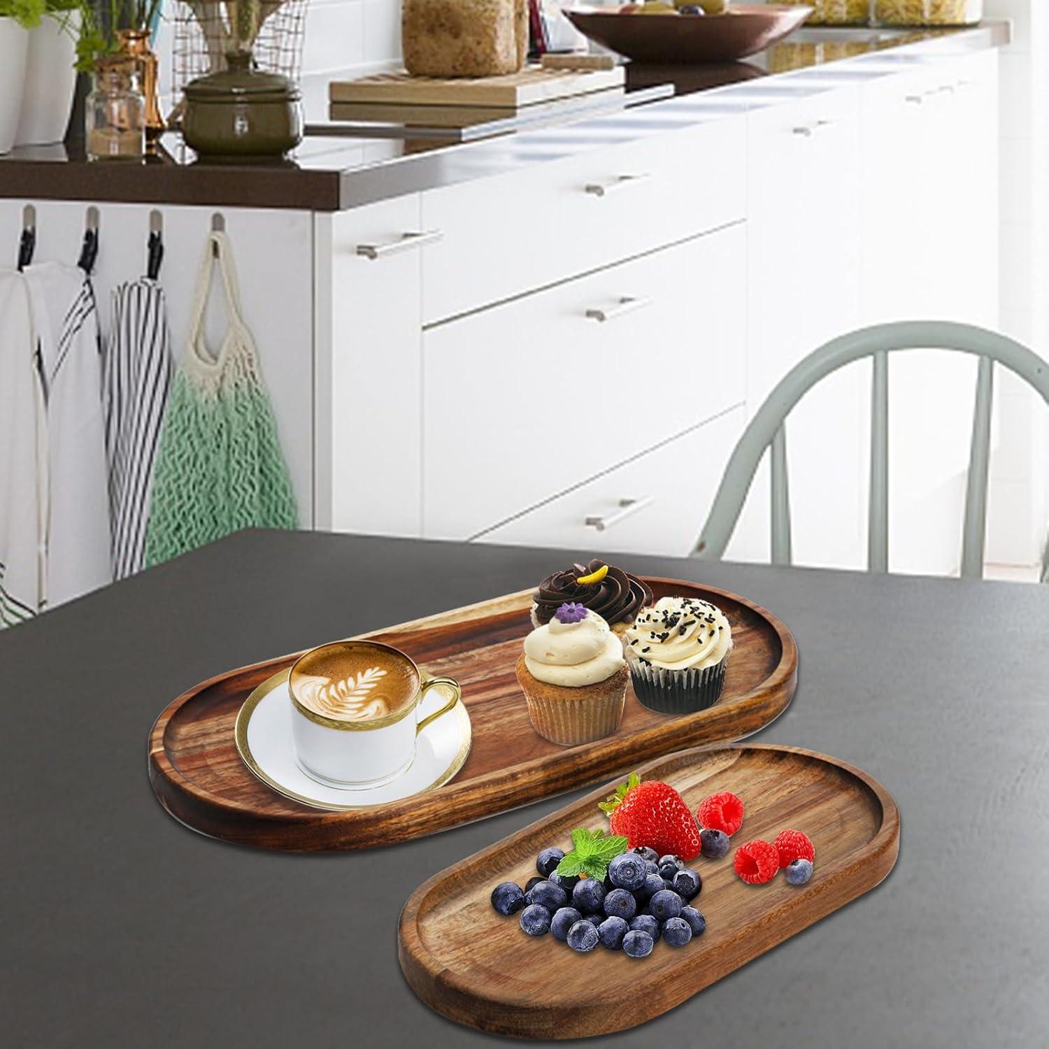 SPEShh Acacia Wooden Serving Trays Set of 2 - Rectangular Oval Shaped Wood Plates for Charcuterie Cheese Bread Fruit Vegetable Dip Sushi - Rustic Serving Platter Shallow Dishes -14x7 & 11x5.5 In.