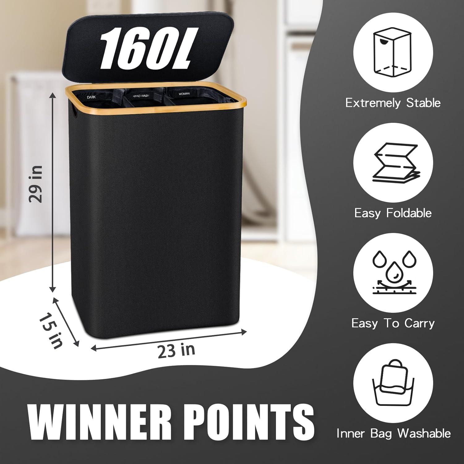 JASODI Laundry Hamper with Lid, 160L Extra Large Laundry Basket 3 Section Dirty Clothes Hamper for Laundry with Removable Laundry Bags