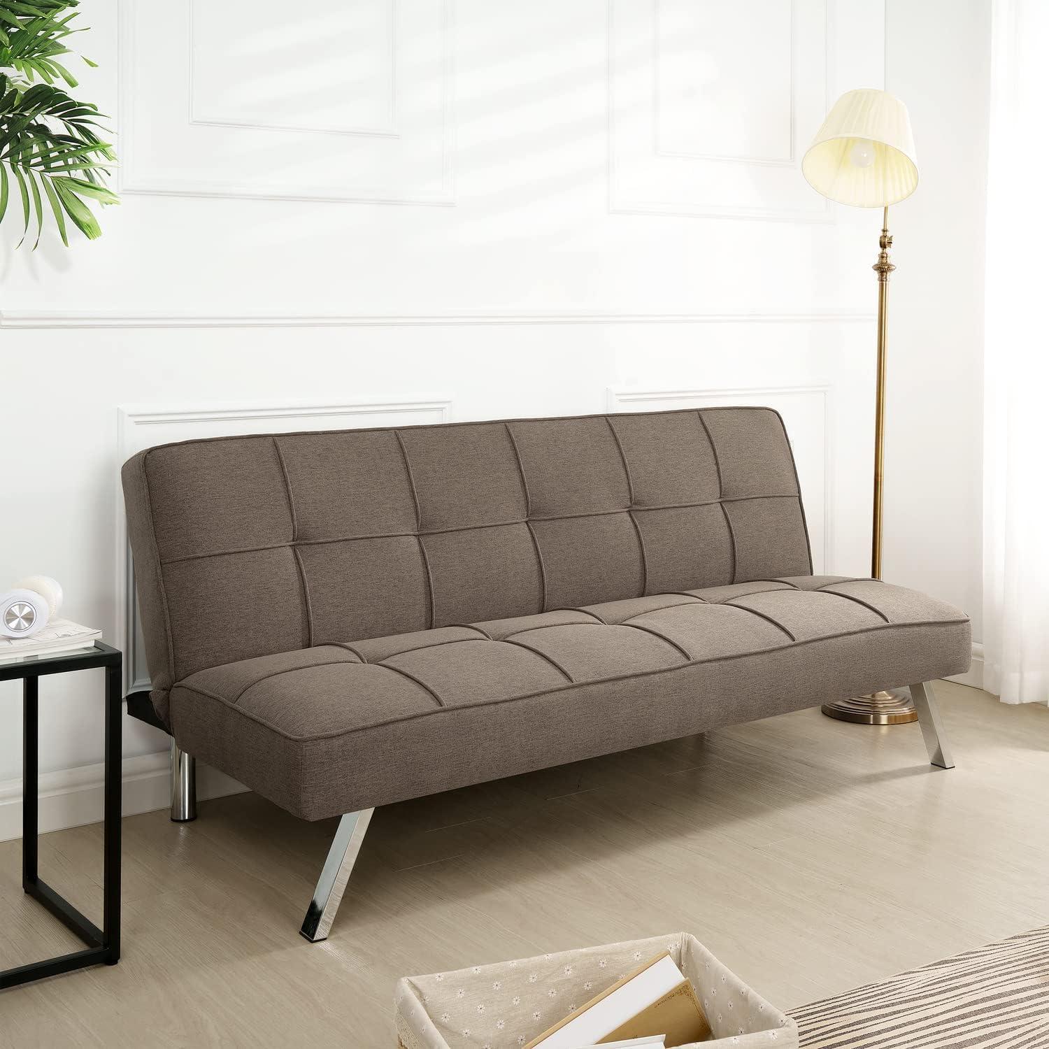 Modern Futon Sofa Bed - Compact Design for Small Spaces - Convertible Futon with Linen Fabric for Premium Comfort - Ideal Guest Couch - Stylish & Durable, Supports up to 750 lbs. - Tangerine