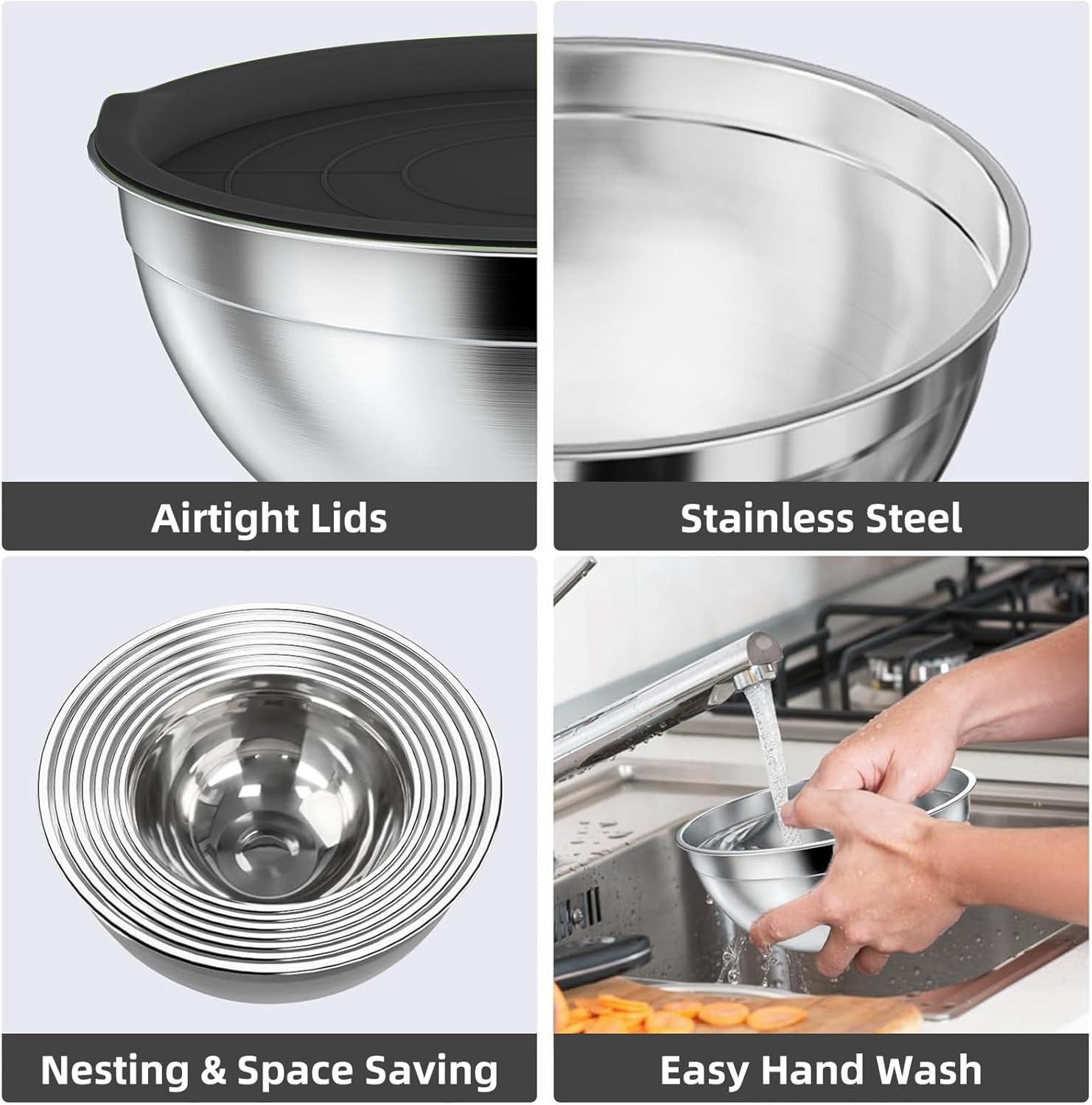 6-Piece Black Stainless Steel Mixing Bowl Set with Lids and Graters