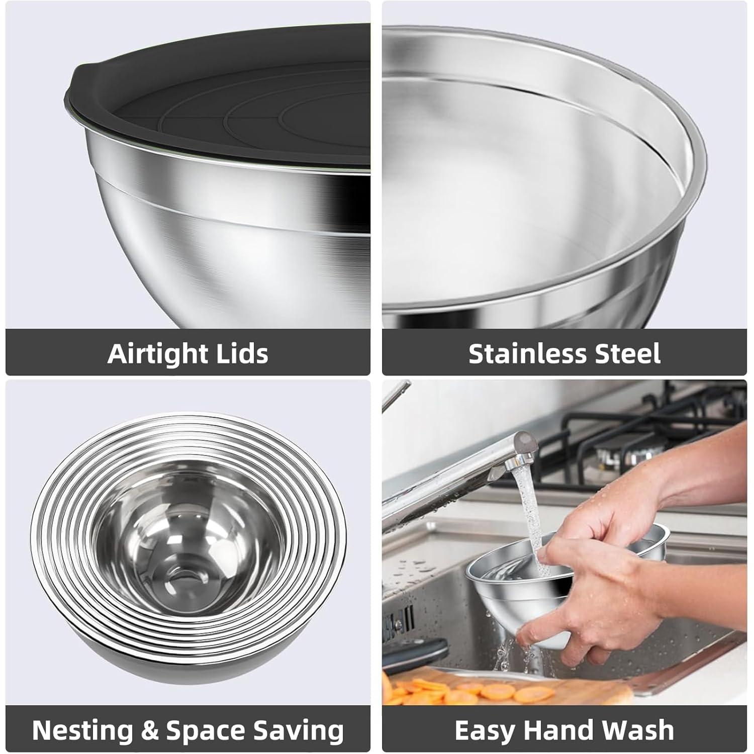 6-Piece Black Stainless Steel Mixing Bowl Set with Lids and Graters
