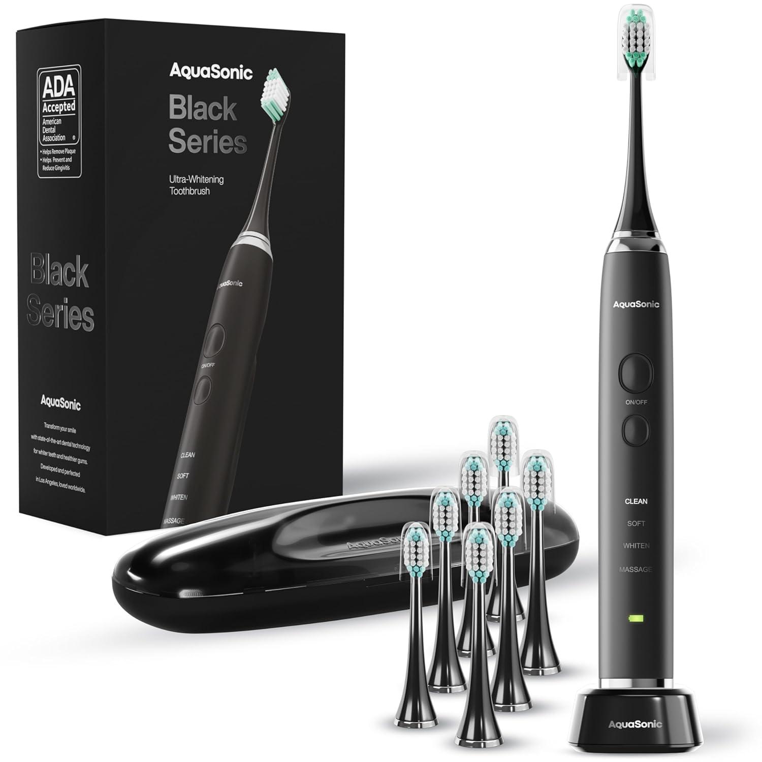 AquaSonic Black Series Electric Toothbrush - Rechargeable, 4 Modes, Travel Case, 8 Brush Heads