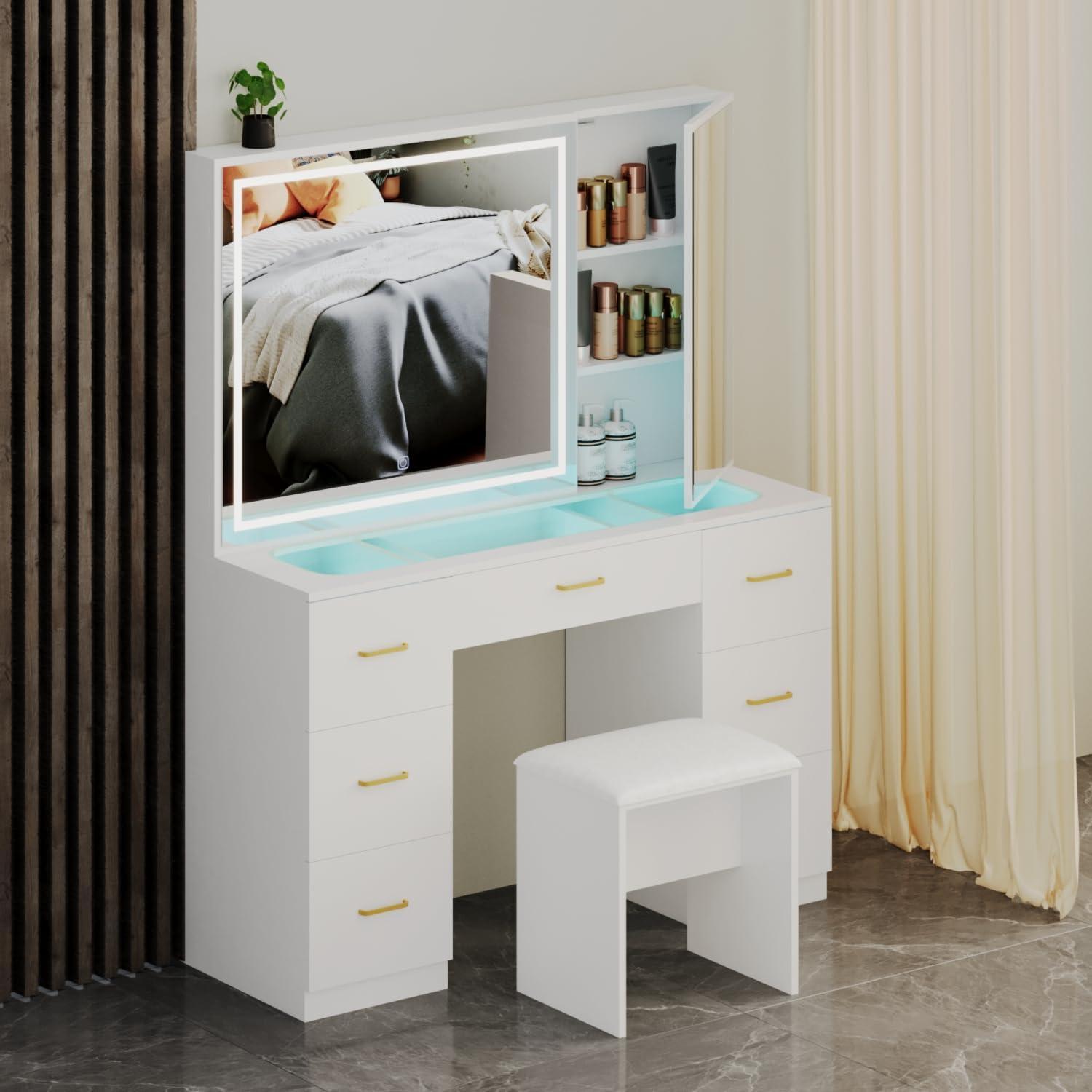 Vanity Desk with Lighted Mirror,Makeup Table with 7 Drawers,Wildhome Brand,Adult Age Group