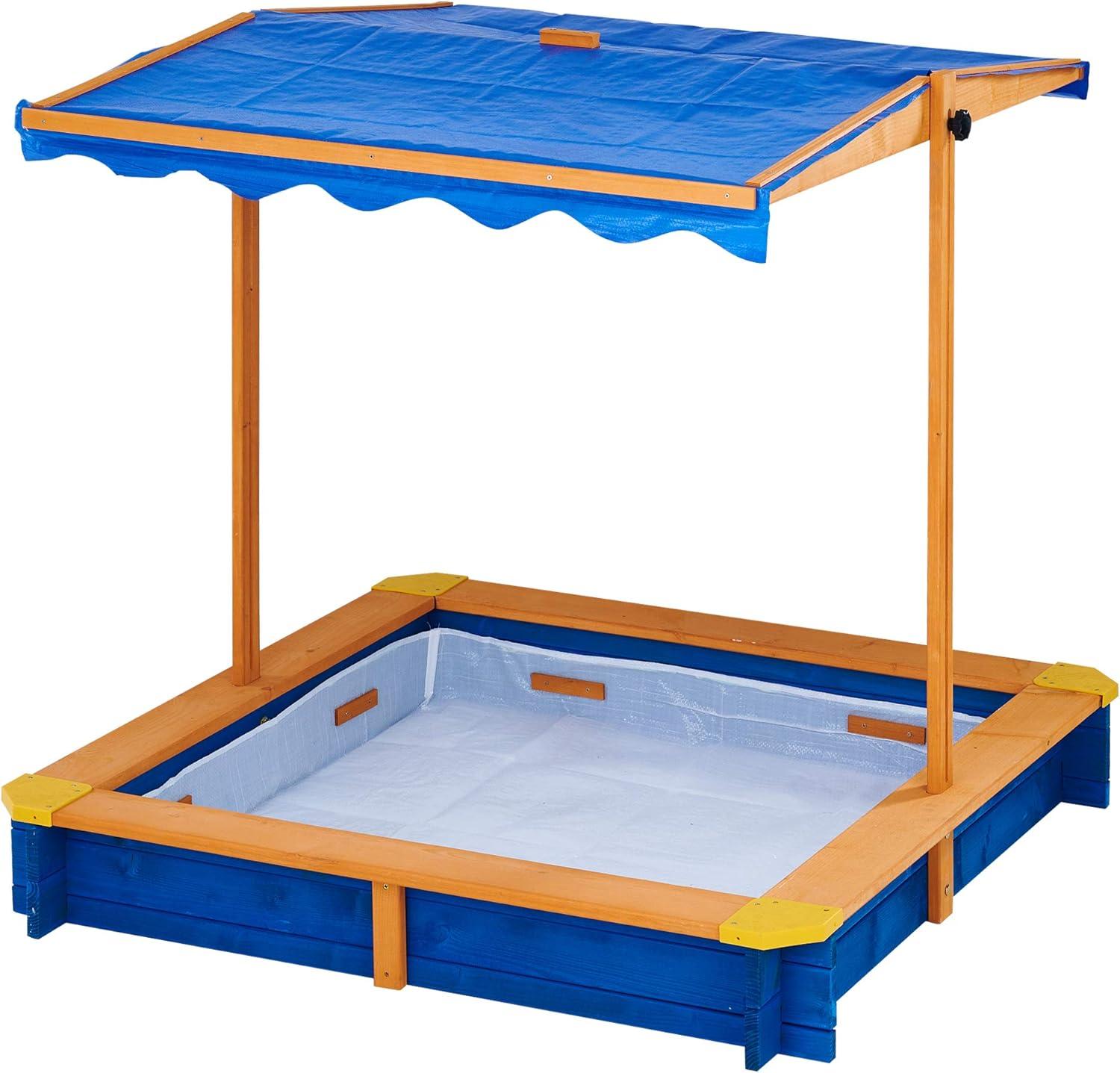 Teamson Kids Outdoor 46" x 46" Spruce Sand Box with Adjustable Canopy, Blue/Wood