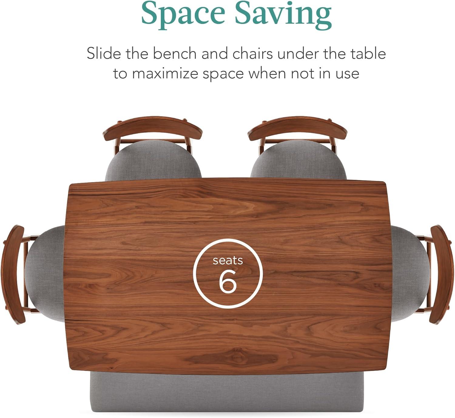 George Oliver 6-Piece Mid-Century Modern Upholstered Wooden Dining Set W/ 4 Chairs, Bench - Walnut/Gray