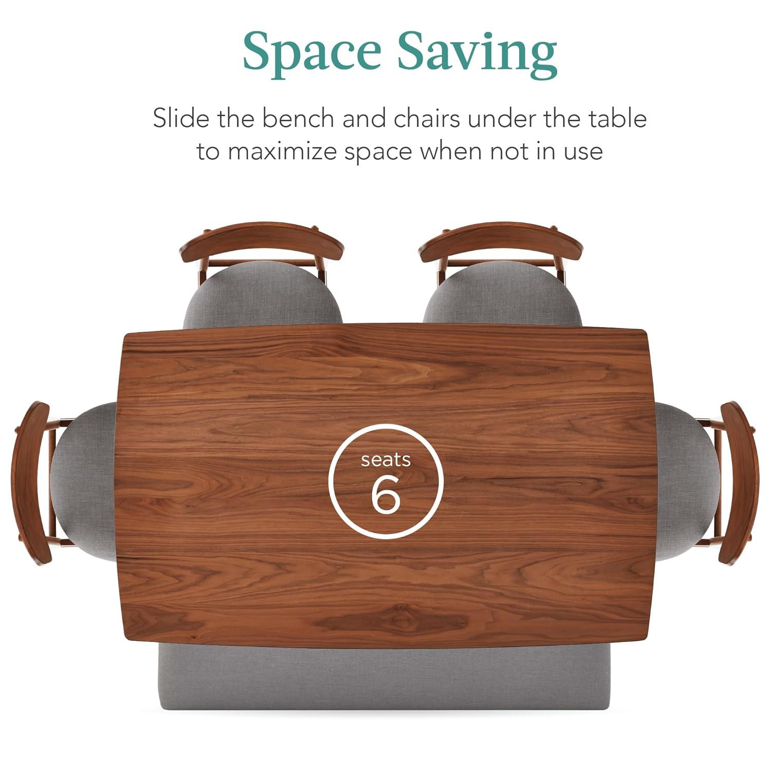 George Oliver 6-Piece Mid-Century Modern Upholstered Wooden Dining Set W/ 4 Chairs, Bench - Walnut/Gray