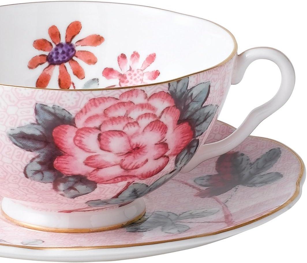 Pink Floral Bone China Teacup and Saucer with Gold Trim