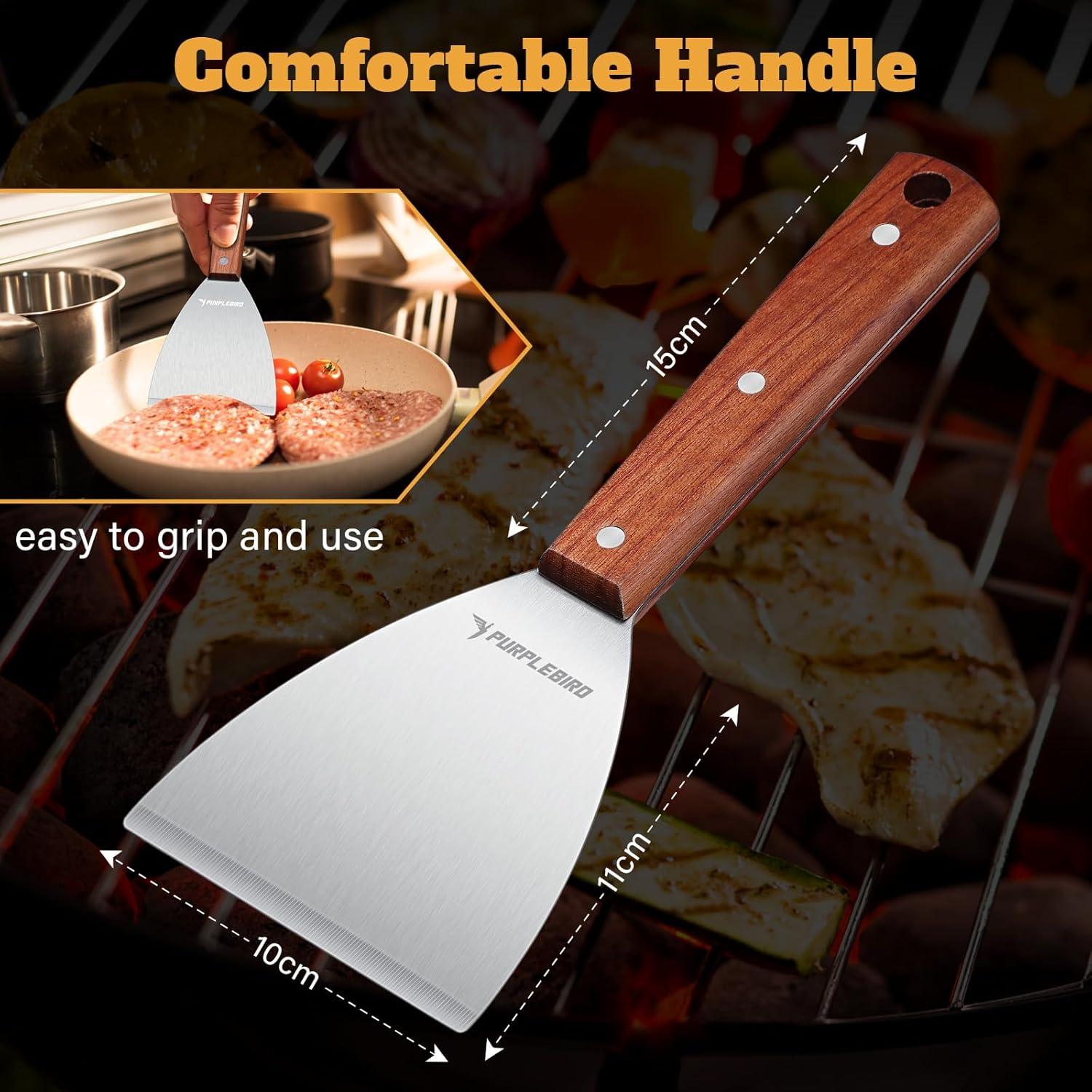 PURPLEBIRD Grill Utensils Set with Brush - 5pcs Grilling Tools Set with Bag Apron, Heavy Duty BBQ Tool Sets with Long Wood Handle, Stainless Grilling Accessories for Outdoor Grill