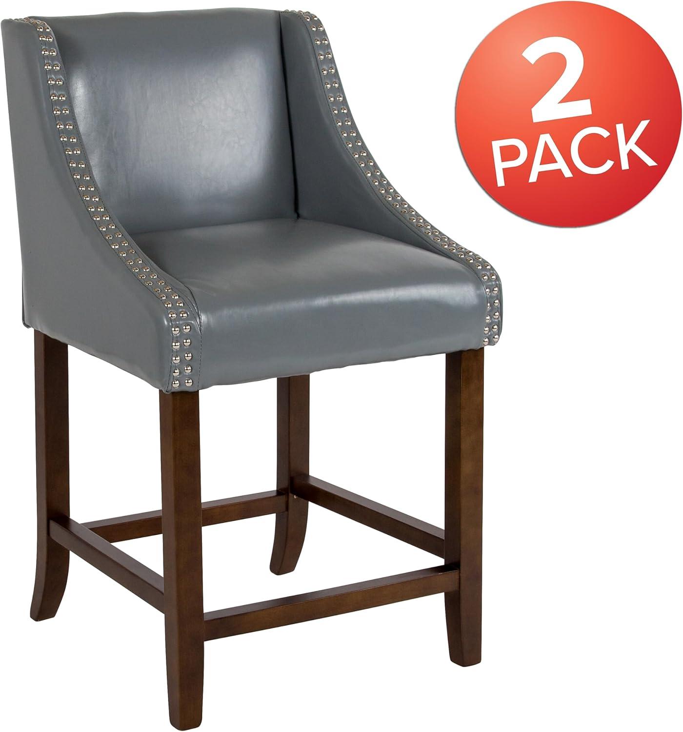 Flash Furniture Carmel Series 24" High Transitional Walnut Counter Height Stool with Nail Trim in Light Gray LeatherSoft, Set of 2
