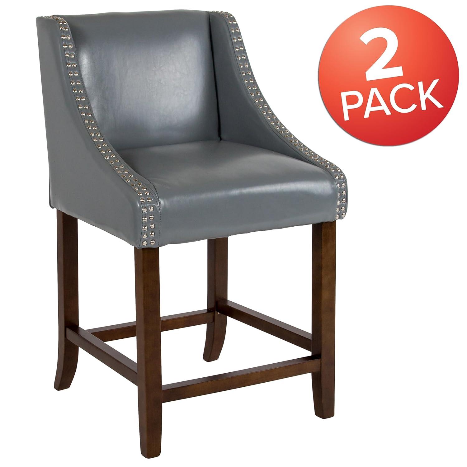 Flash Furniture Carmel Series 24" High Transitional Walnut Counter Height Stool with Nail Trim in Light Gray LeatherSoft, Set of 2