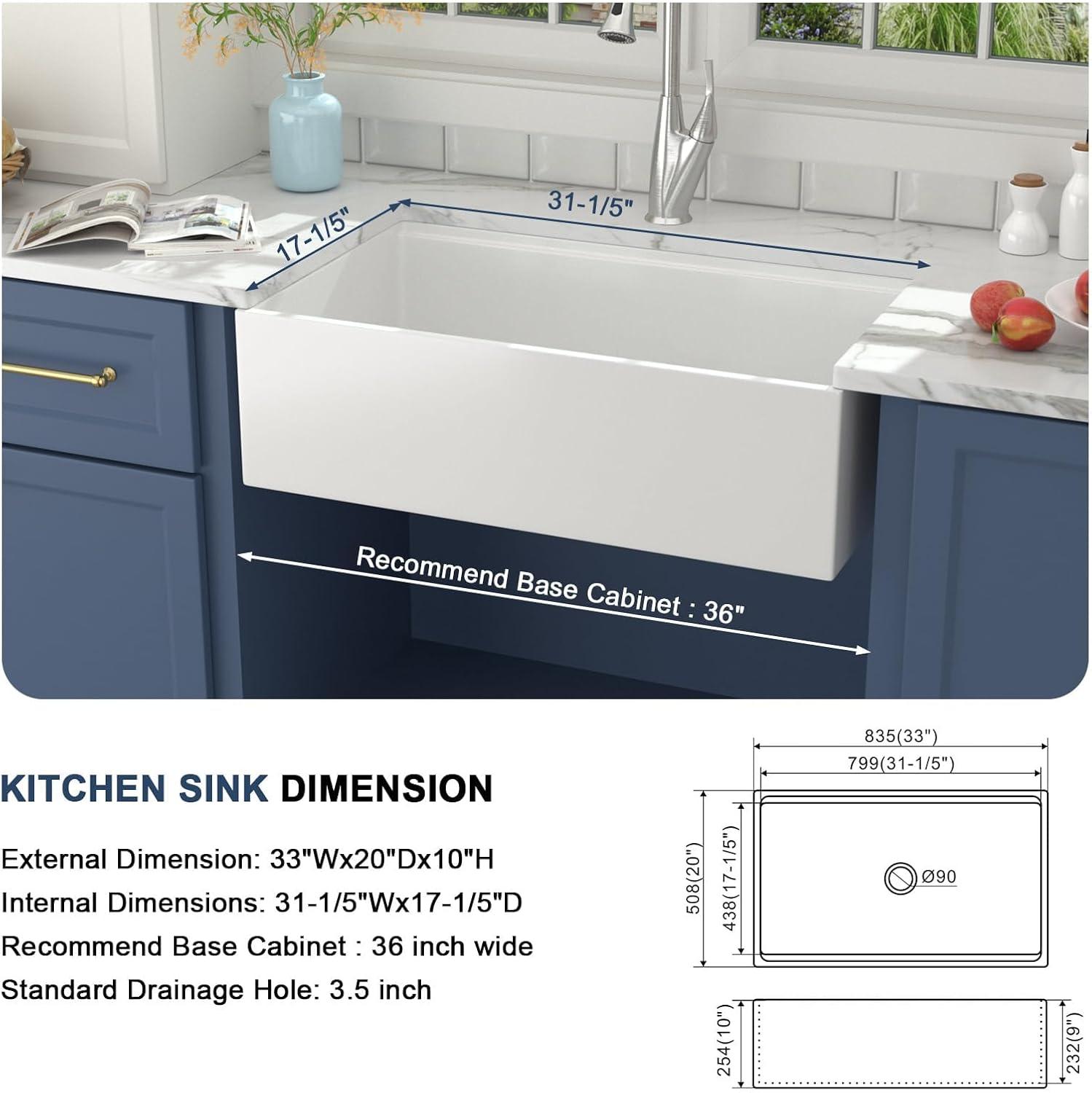 33"L x 20"W Farmhouse Kitchen Sink Deep Single Bowl Fireclay Workstation Sink with Cutting Board and Dish Drying Rack