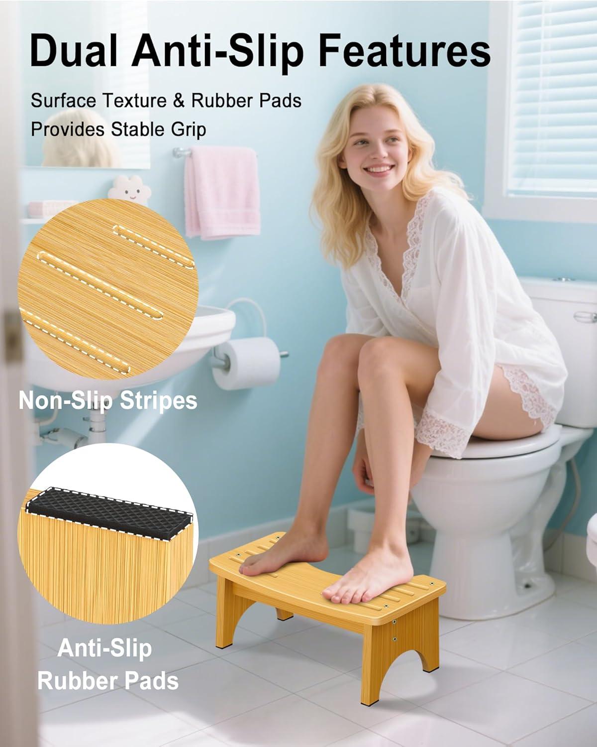 Bamboo Toilet Stool for Adults, 6.5" Toilet Stool Squat Adult Kids, Portable Simple Curve Squat Toilet Potty Stool, Non-Slip Poop Stool for Bathroom, Improve Squatting Posture and Comfort (Wood)