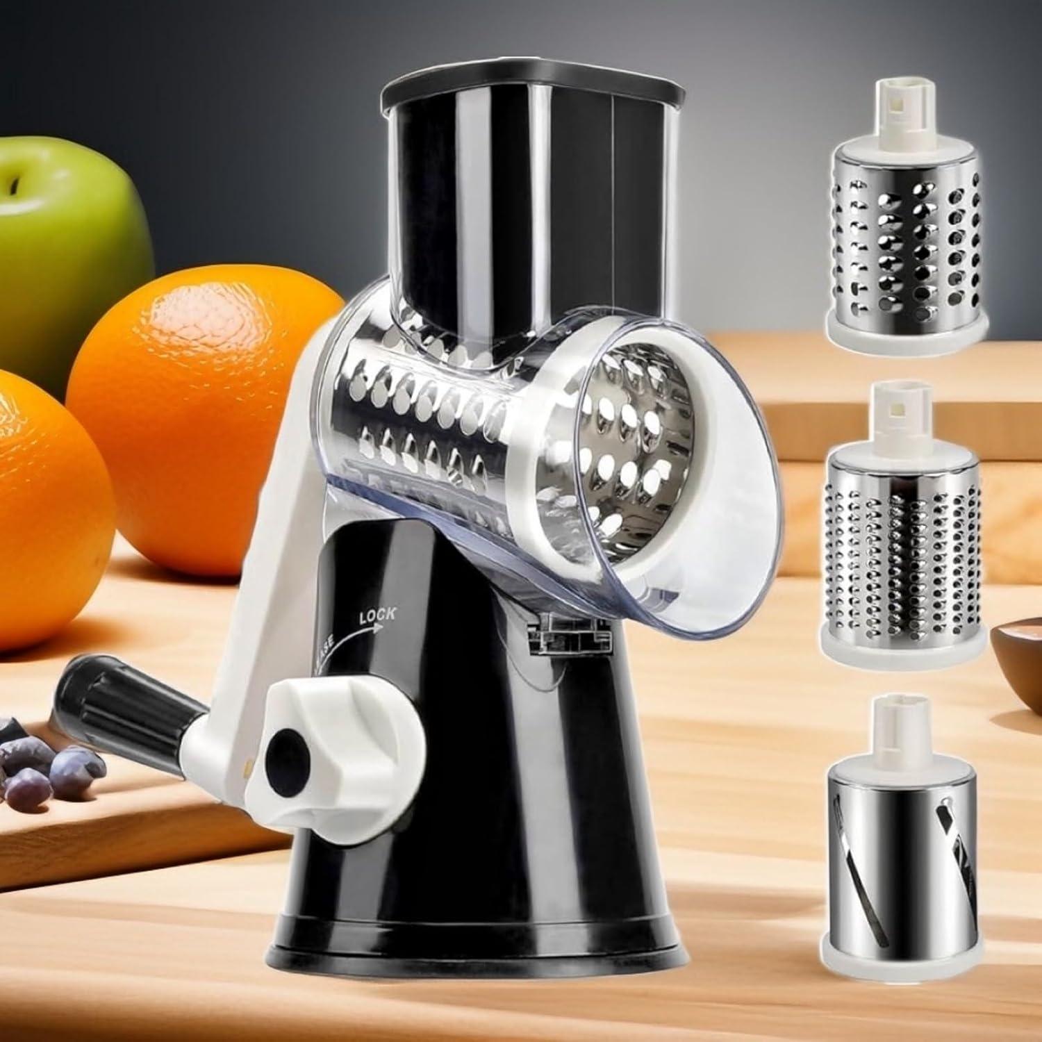 Rotary Cheese Grater Cheese Shredder - Kitchen Manual Cheese Grater with Handle Vegetable Slicer Nuts Grinder 3 Replaceable Drum Blades and Strong Suction Base Free Cleaning Brush