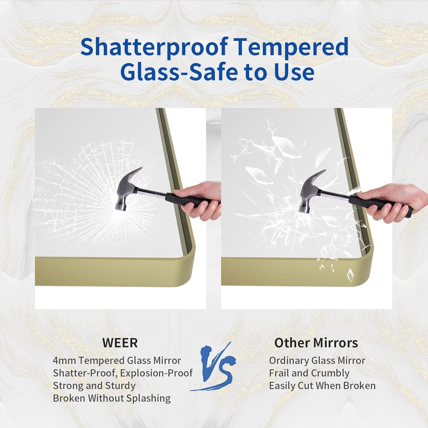 WEER Gold Bathroom Mirror, 55X30 Inch Brushed Gold Metal Frame Mirror, Rounded Rectangle Gold Bathroom Vanity Mirror for Wall, Tempered Glass, Anti-Rust, Hangs Horizontally or Vertically