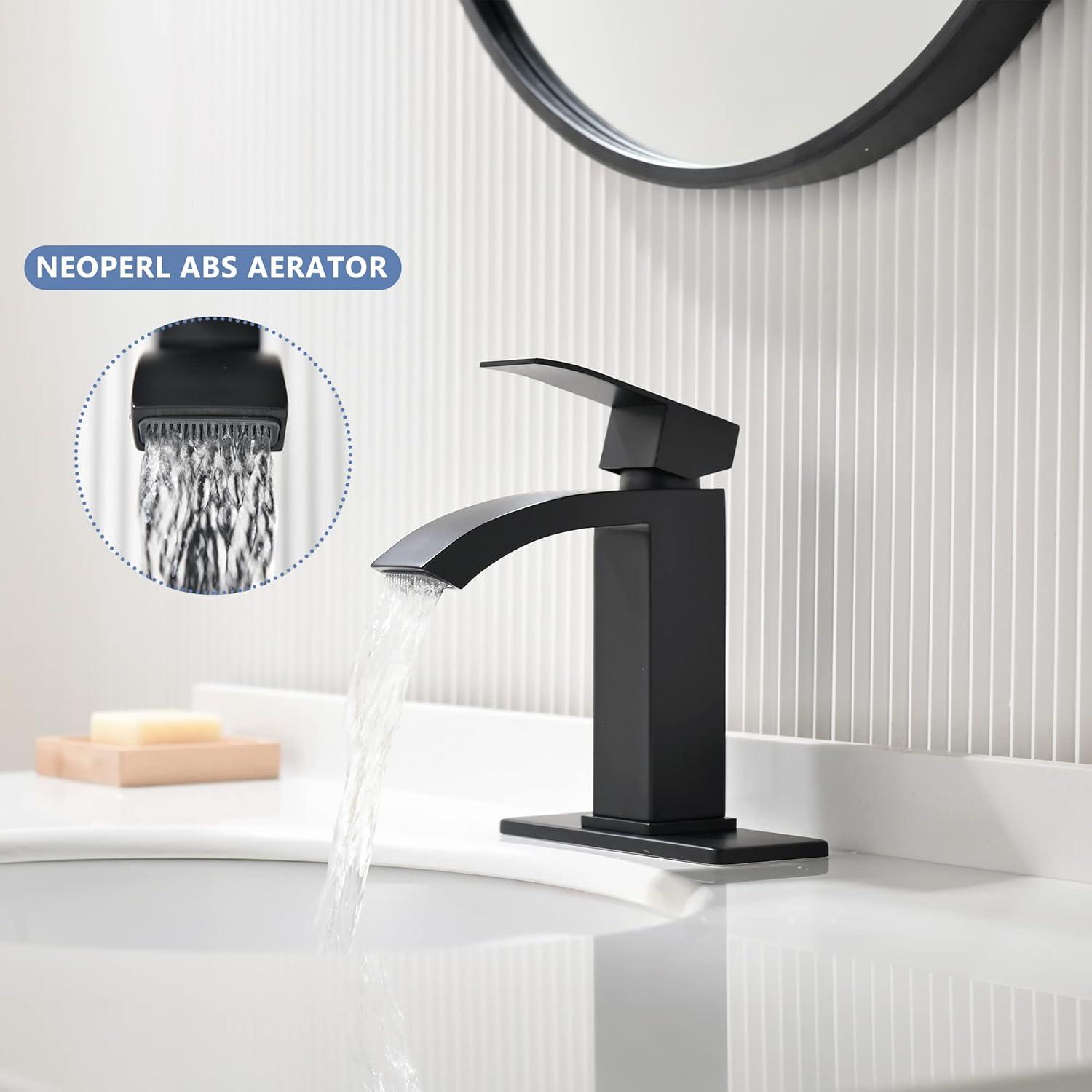 Matte Black Single Handle Waterfall Bathroom Faucet with Pop-Up Drain