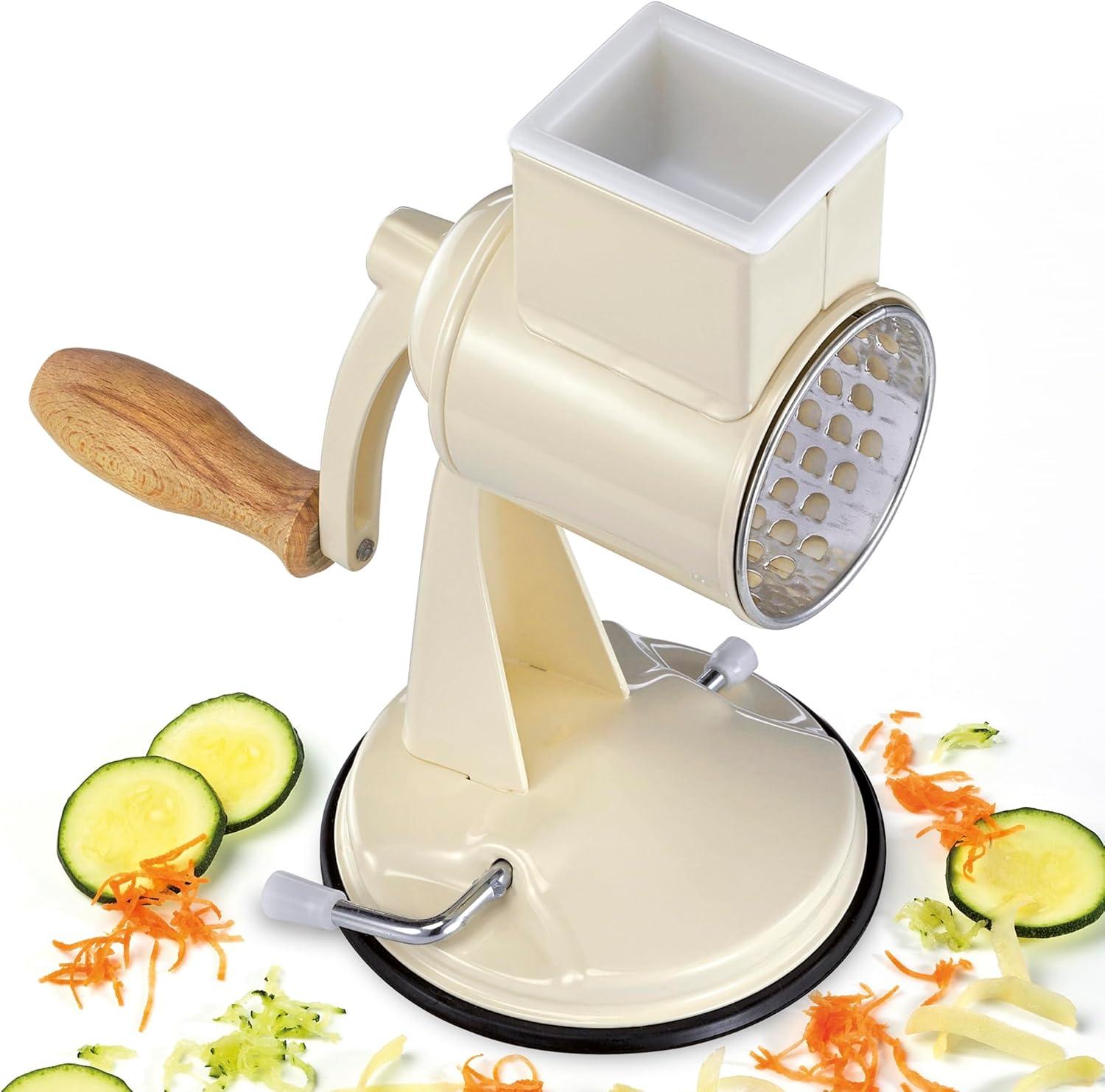 Cream Metal and Wood Rotary Drum Grater with Suction Base