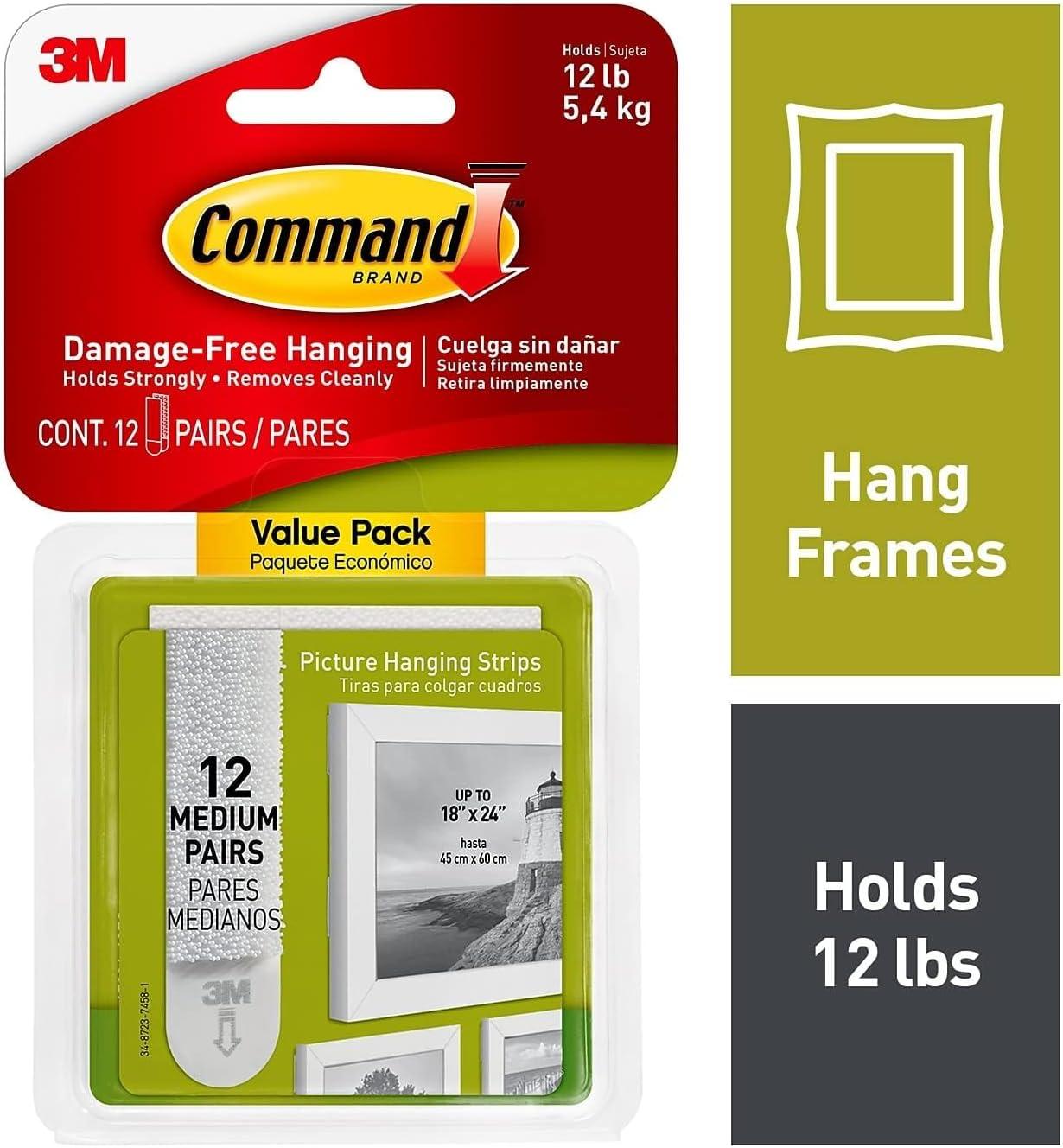 Command 12 Sets of Strips Picture Hanging Strips Value White: Plastic Adhesive Strip for Hanging Pictures Without Nails