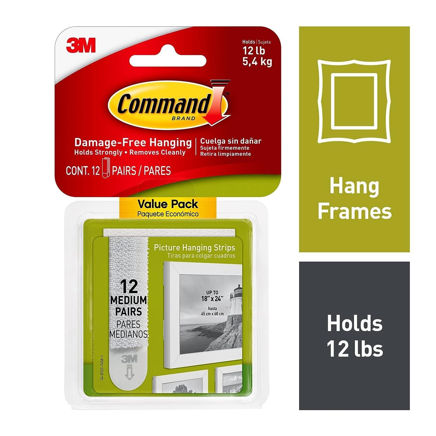 Command 12 Sets of Strips Picture Hanging Strips Value White: Plastic Adhesive Strip for Hanging Pictures Without Nails